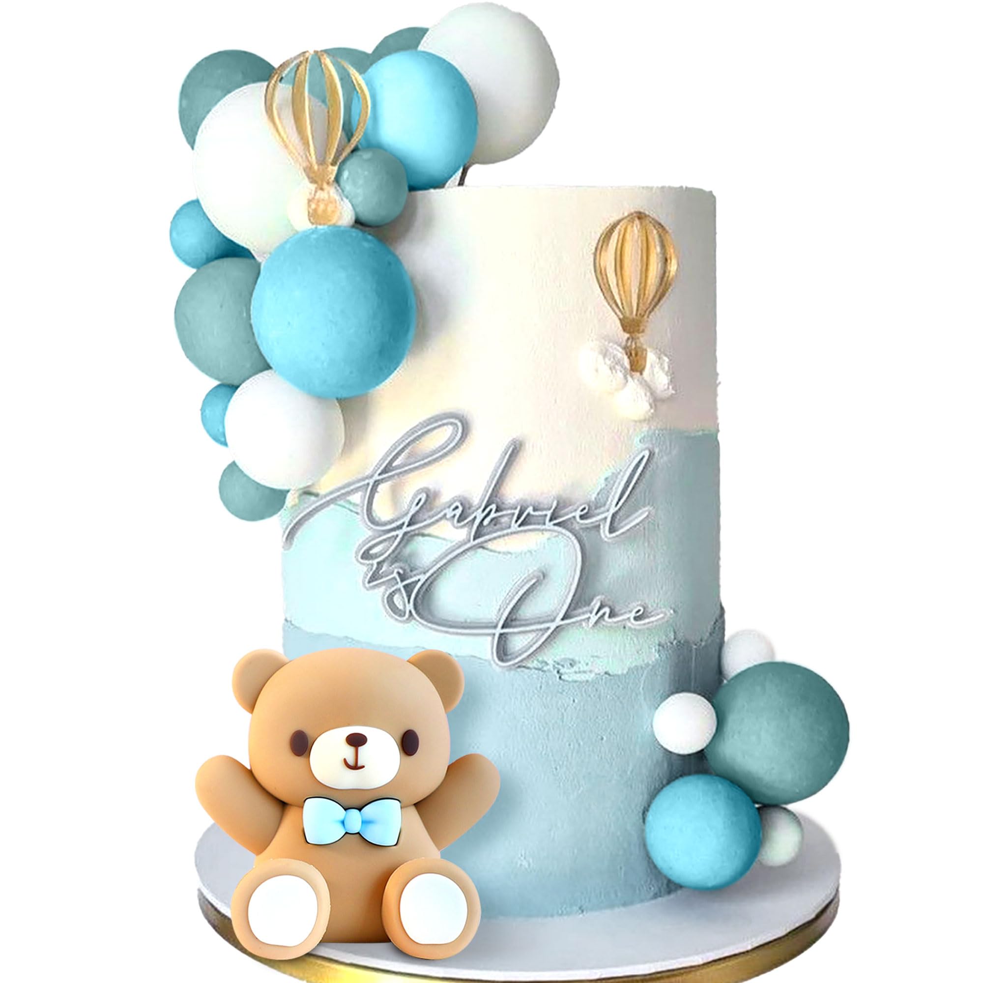 Tortendeko Taufe Junge – Teddybär Tortenaufleger Mit Blauen & Weißen Kugeln, Für Geburtstag, BabyShower, Hochzeit