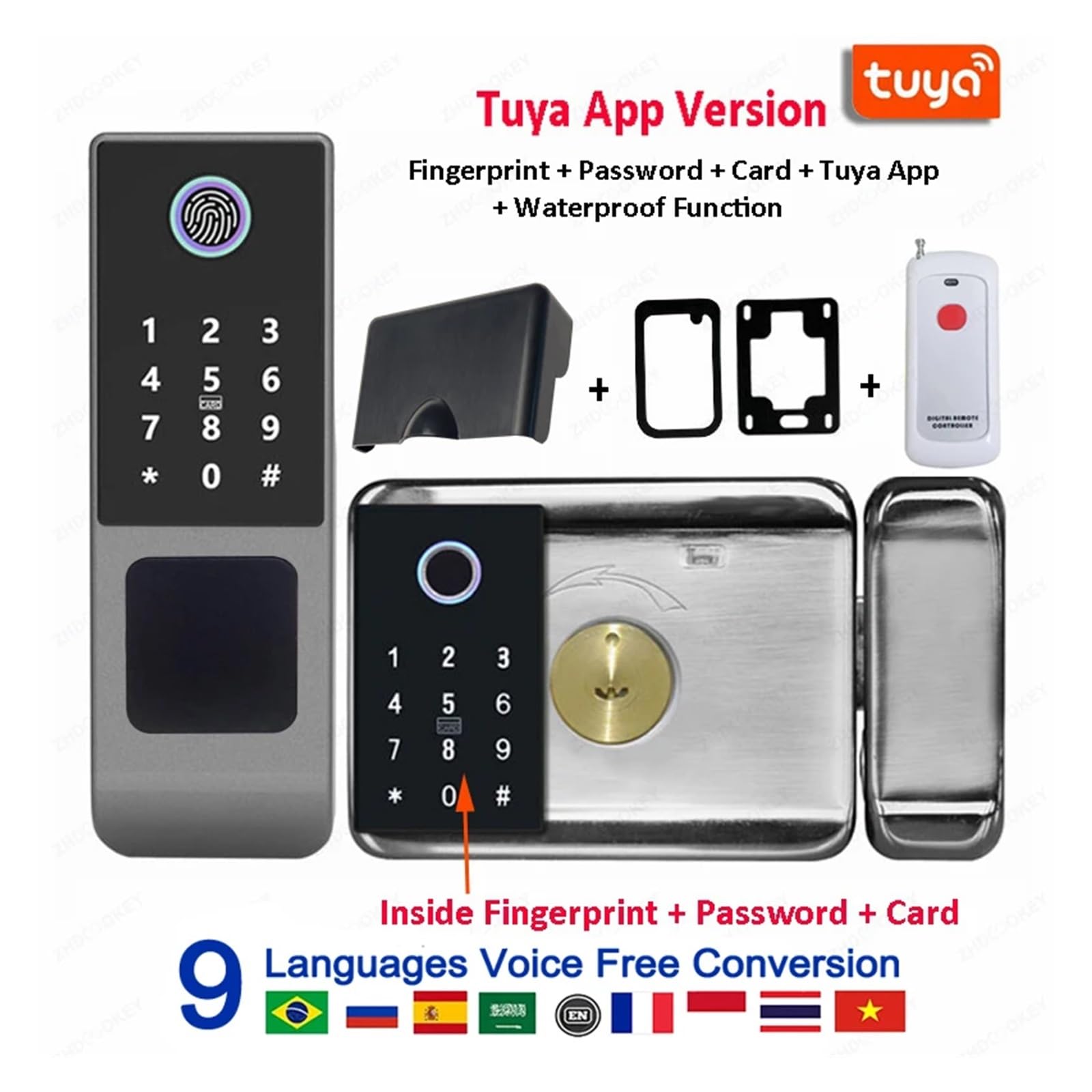 Outdoor Waterproof IP66 Lock Fingerprint Card Code Electronic Password APP Keyless Entry Knobs Smart Door for Home(Tuya double code REM)