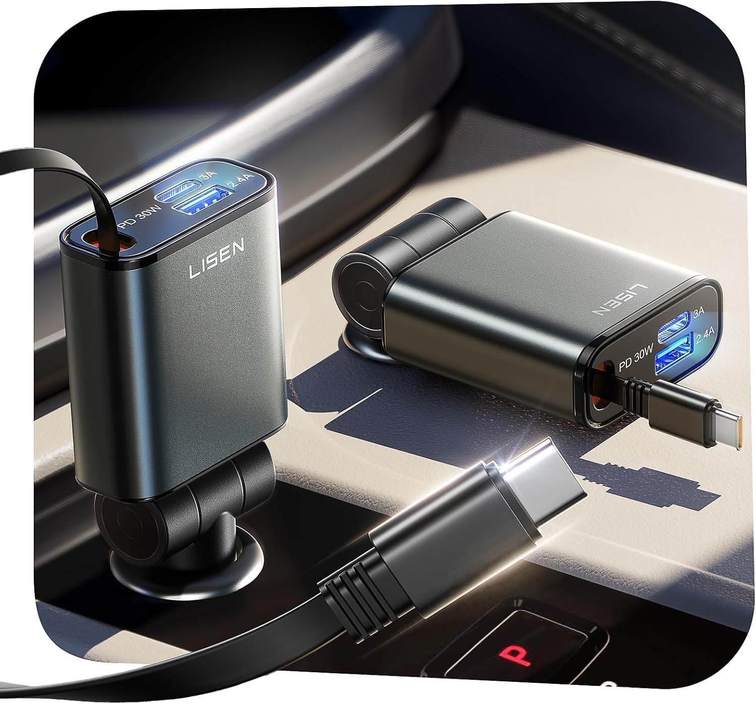 LISEN 57W Zigarettenanzünder USB C 3 in 1 Auto Ladegerät - [300% Kompakt] | 12V USB Adapter Auto Ladegerät mit Einziehbares Ladekabel, PD&QC3.0 Car Charger für iPhone DUO 18 17 Pro Max 16 15 14
