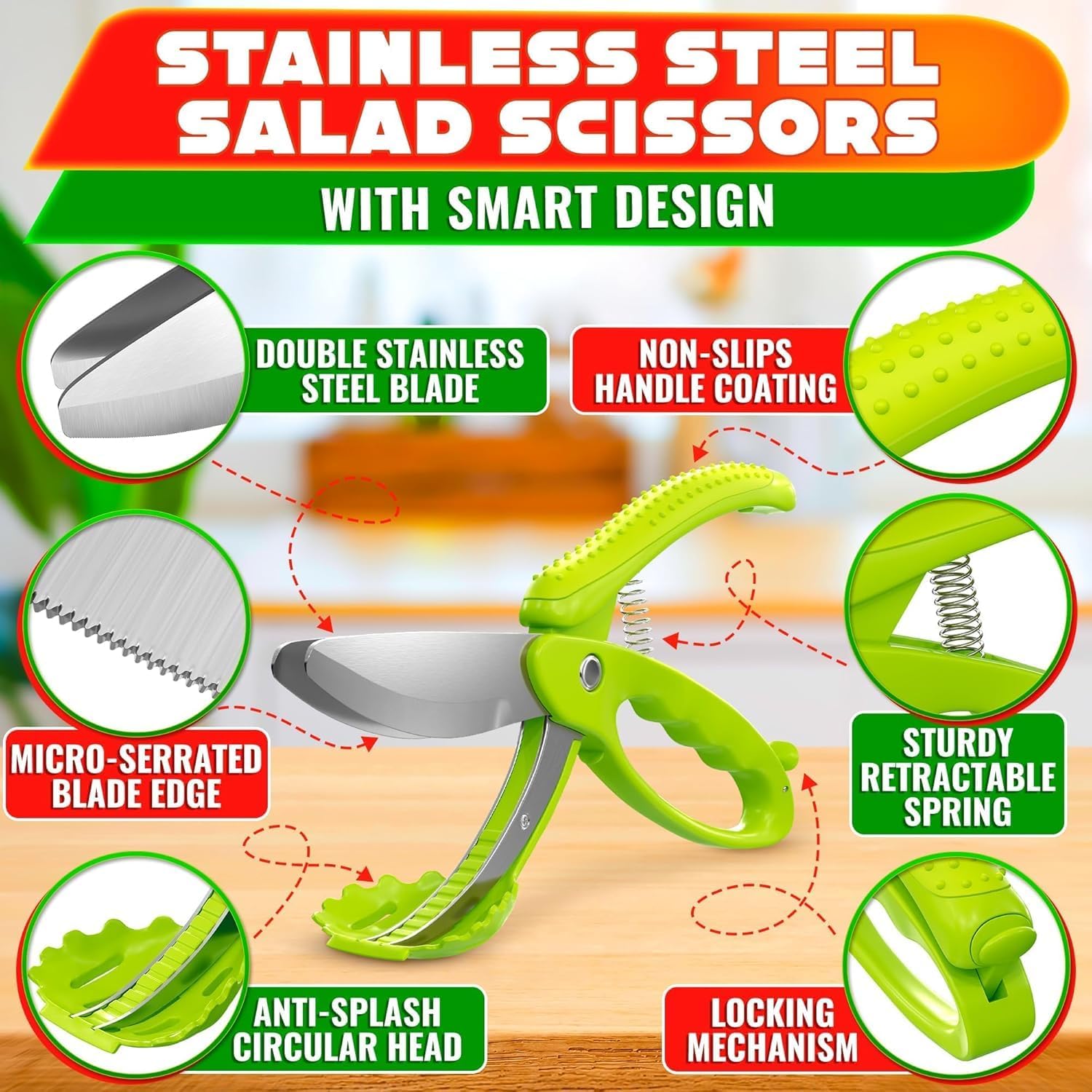 Salad Scissors for Chopped Salad, Two-Blade, Spring-Loaded System | 8.9" Salad Chopper Scissors for Fast Double Cutting; Chops Lettuce, Veggies, and Fruits; Non-Slip Handle; Anti-Slash Head
