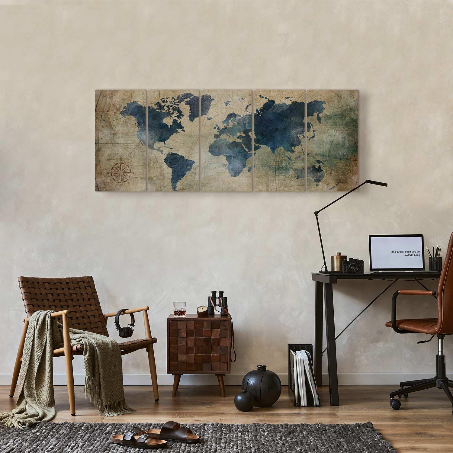 Tableau Décoratif Carte Du Monde 120x80cm - Toile Classique Bleu, Décoration Murale Salon