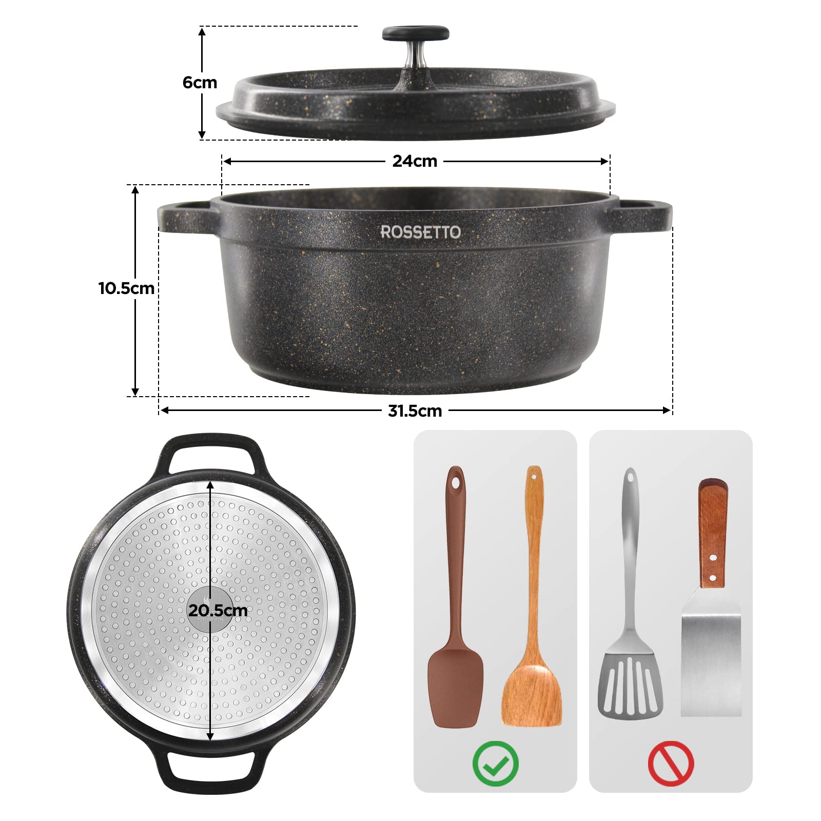 Cocotte Ronde 24cm 4.5L ROSSETTO - Aluminium Anti-Adhésif Induction Et Four