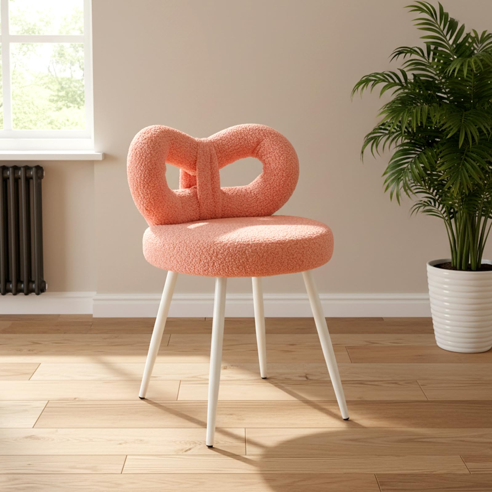Minifactory Small Vanity Chair with Bow Backrest, White Faux Lambswool Makeup Stool for Dressing Table, Armless Compact Bedroom Chair for Women & Girls, Sturdy Carbon Steel Frame (Pink)