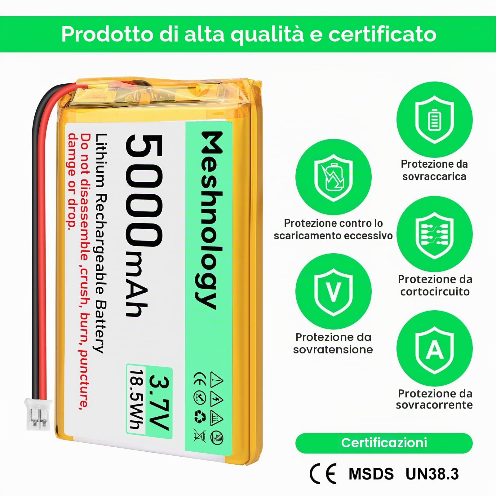 2 PZ 3.7V 5000mAh Li Batteria 105080 con PH 2.0 USB Cavo del Caricatore 1S LiPo Batteria con Bordo di Protezione Isolato Nastro di Gomma per Arduino ESP32 Scheda Modulo Drone RC Auto