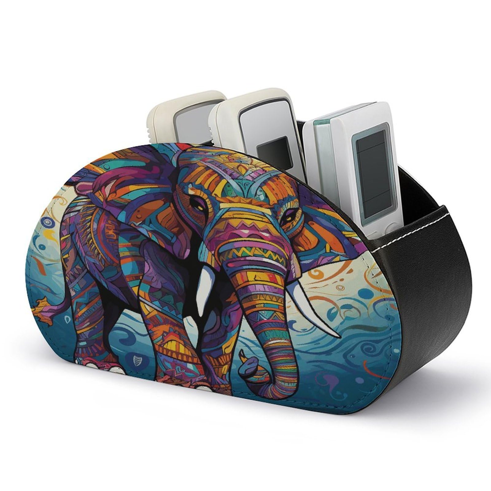 FodPand Colorful Elephant Remote Control Holders PU Leather Remote Caddy Desktop Organizer with 5 Compartments TV Remote Holder Box Tray for Bedside Table Office Desk Accessories&Gift