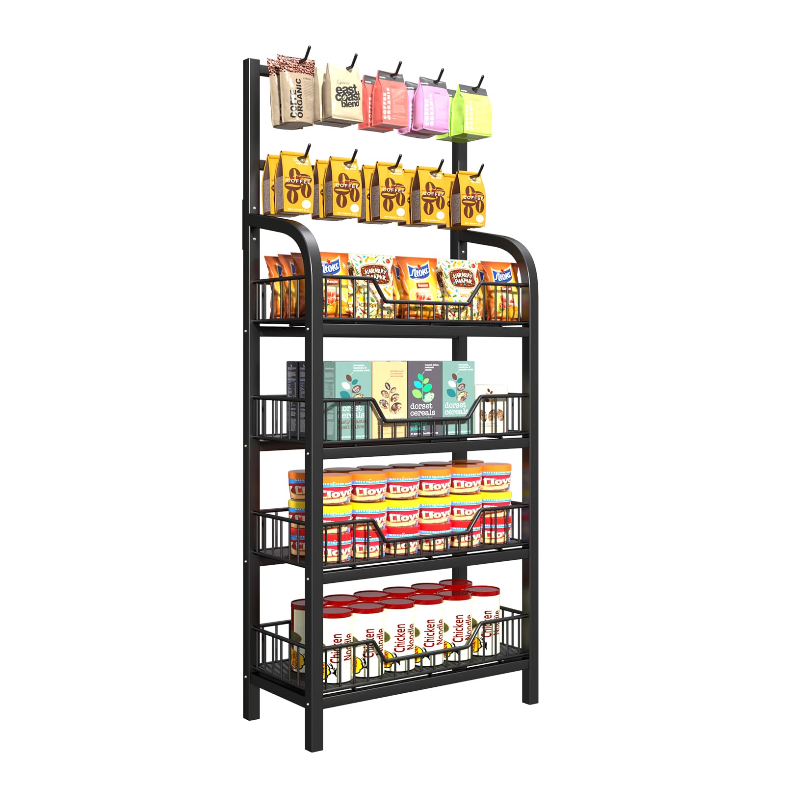 Présentoir à collations à 4 niveaux avec crochets, étagère de rangement pour bonbons, pommes de terre, collations pour supermarché, magasins, cuisine