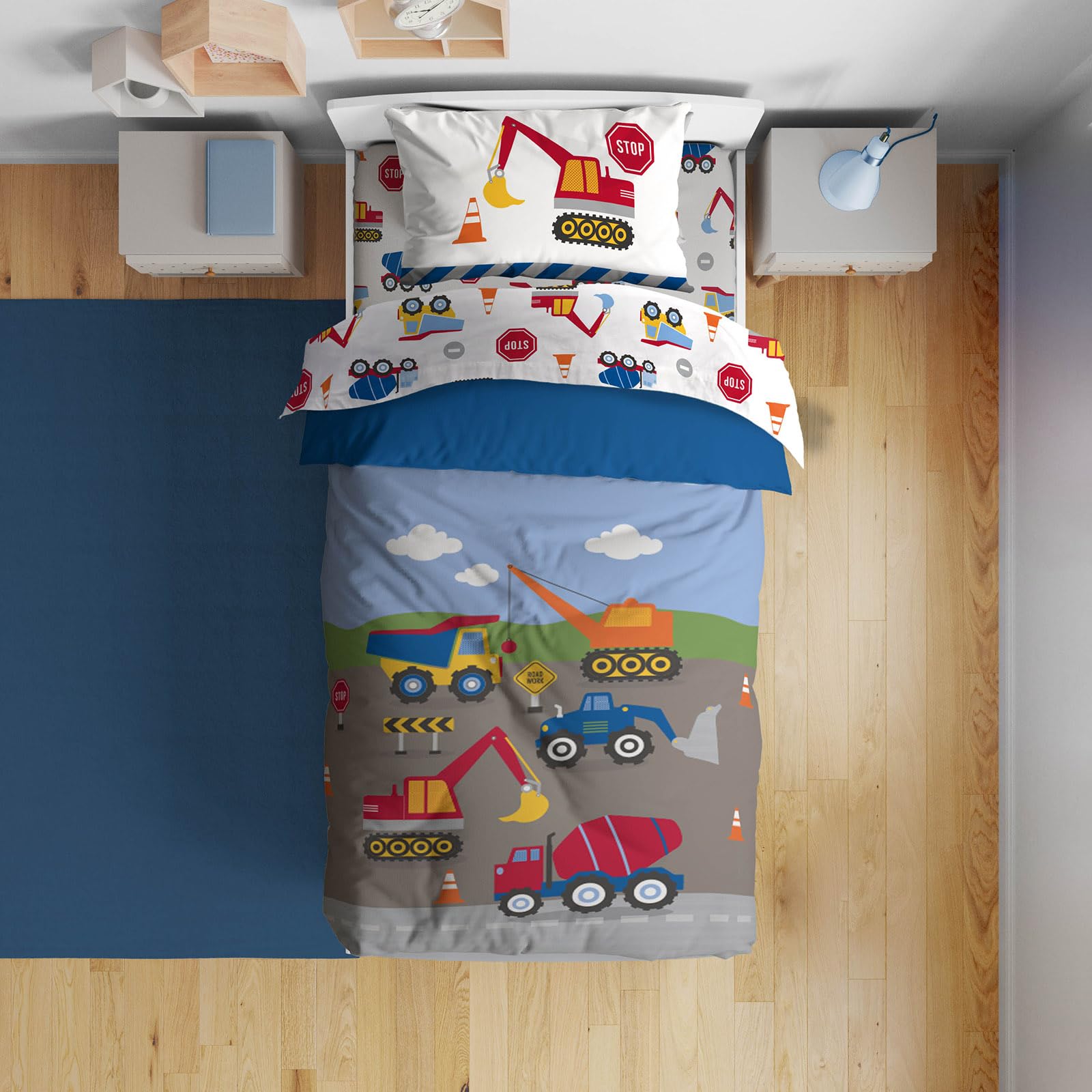Sunny Side UpConstruction Zone Toddler Comforter Set - 4 Piece Preschool Bedding Includes Comforter, Sheets & Pillow Cover - Super Soft Vehicles Microfiber Bed Set