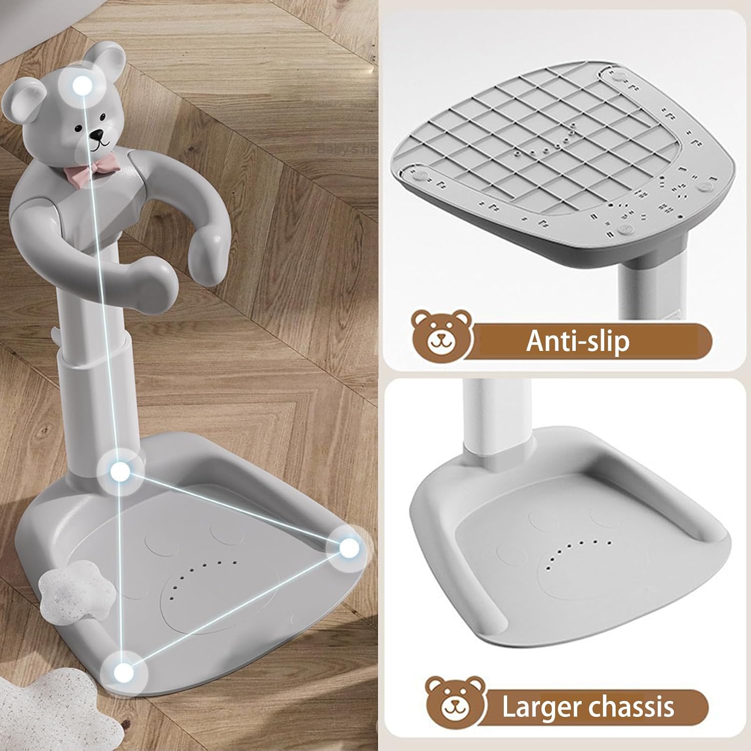 Adjustable Baby Shower Stand with Anti-Slip Base,Bath Shower Standing Support Baby Bath Stand,Portable Bath Helper Baby Bath Support for Infants Portable Bath Helper for Baby 8M-36M (grey bear)