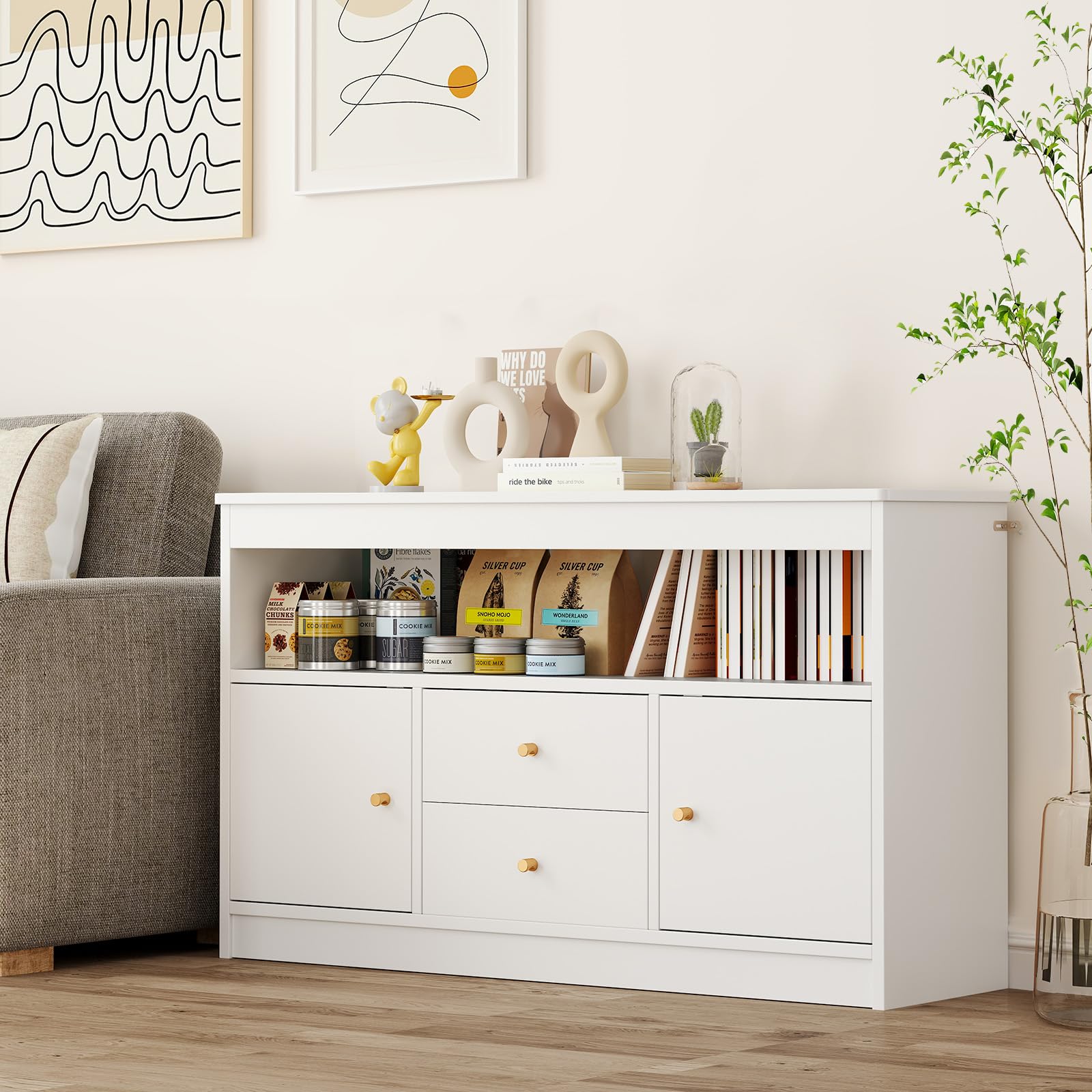 COSTWAY Spielzeugschrank Kinder, Kinderregal aus Holz, Kinderschrank mit 2 Schubladen & 2 Türen, Spielzeug-Organizer Aufbewahrungsschrank für Kinderzimmer, Schlafzimmer, 106 x 30 x 62 cm (Weiß)