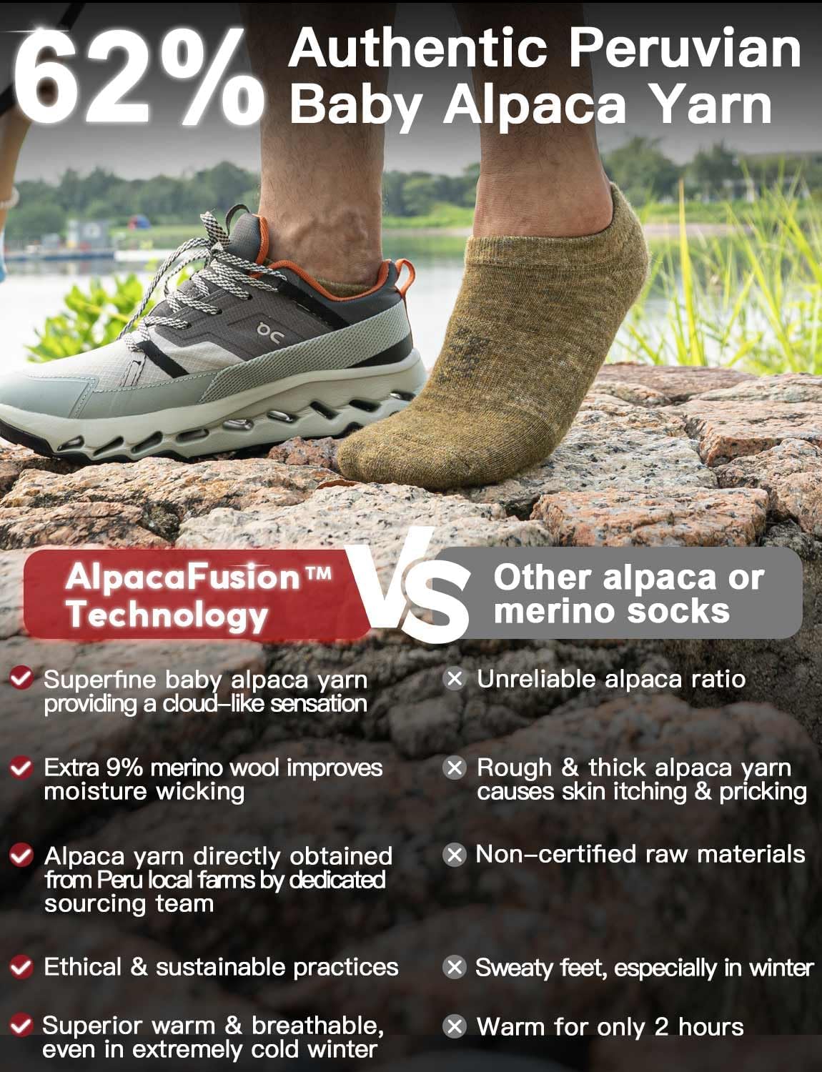 Alpaca Wool Any Season No Show Midweight Merino Outdoors Socks Men&Women Moisture Wicking Hiking Cushioned Breathable - Image 3