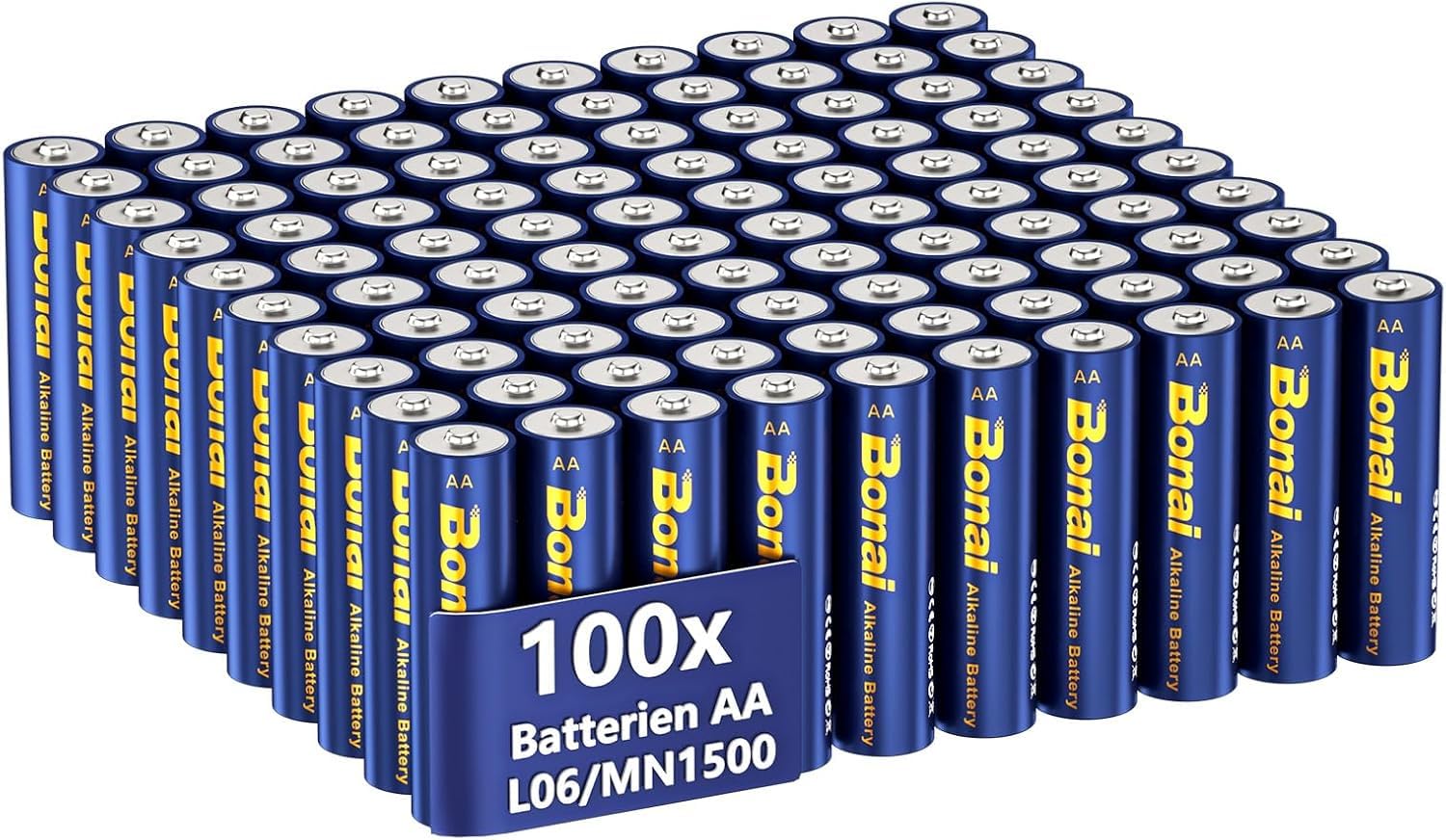BONAI Piles Alcalines AA LR06, Lot de 100, 1.5V, Double Joint Anti-Fuite, Longue Durée, Puissantes, Idéales pour Réveils, Jouets et Appareils à Démarrage Rapide