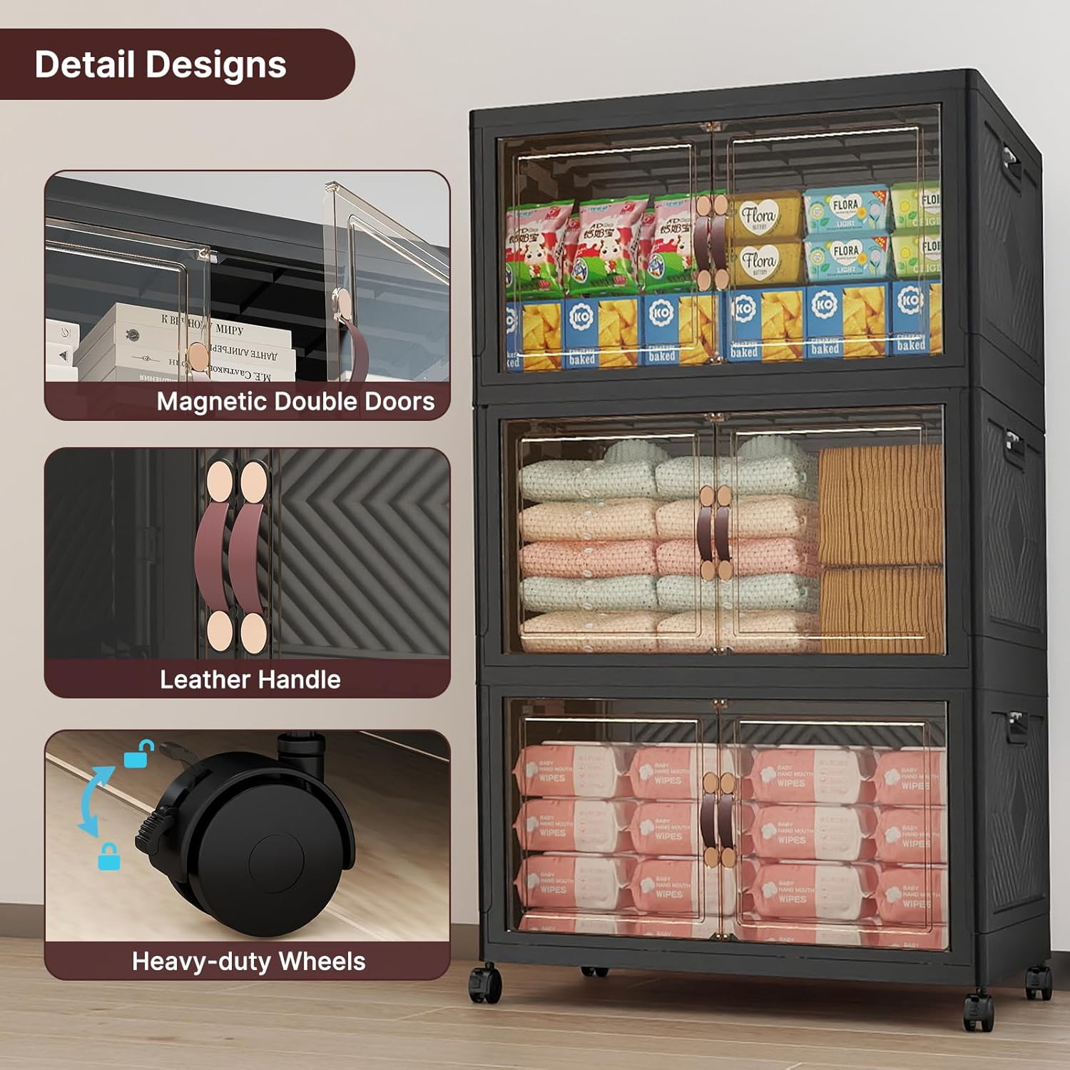 Stackable Storage Bins with Lids, Large Collapsible Storage Bins with Wheels, Plastic Cabinet with Doors, Foldable Closet Organizers for Home, Dorm, Office (Blacke-55QT, 3Pack with 1Top Lid)