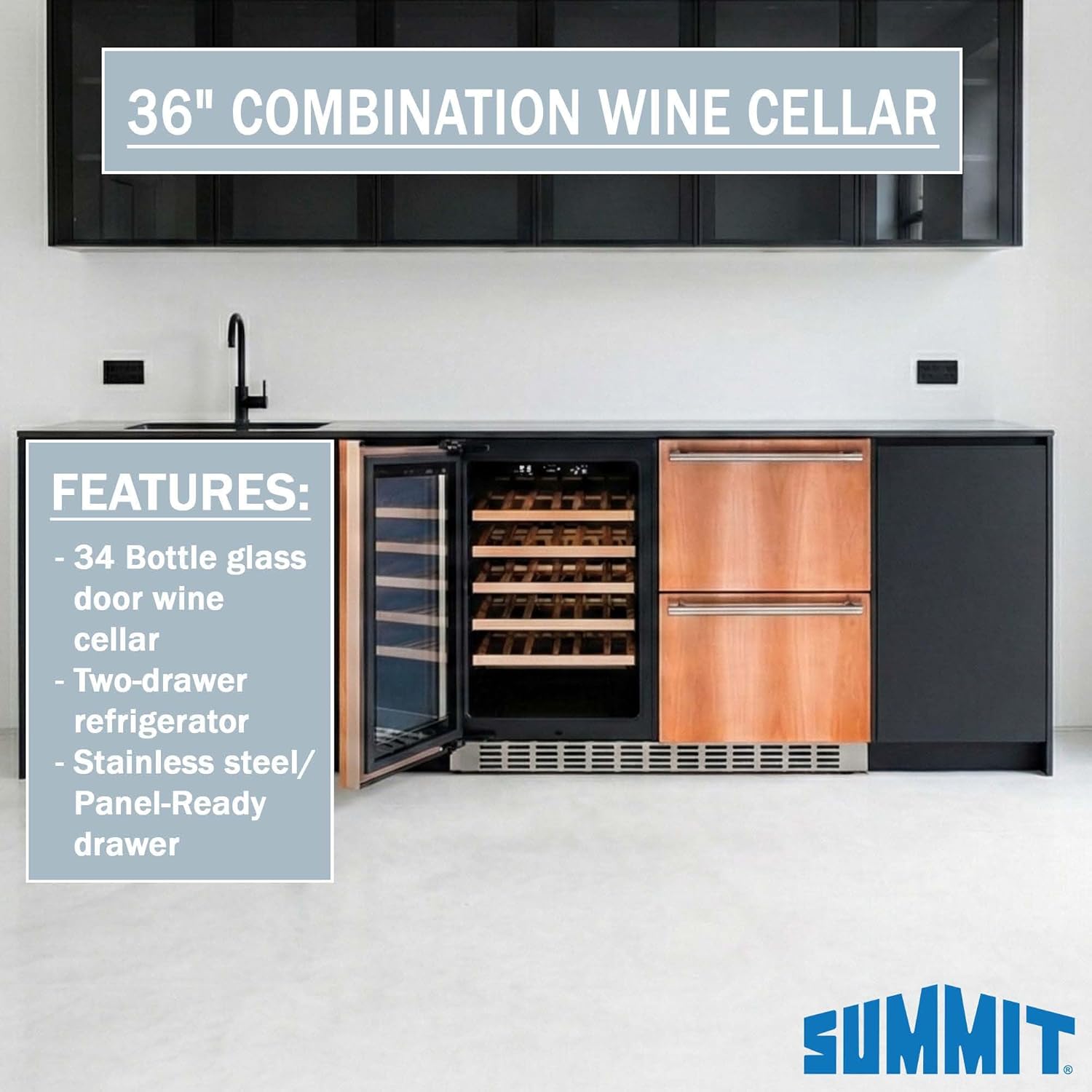 Summit 36” Wine Cellar and Two Drawer Refrigerator Combination, 34 Bottle Capacity, Commercial, Built-in, Undercounter, Panel Ready* - SWCDAR36UCPNR (Panels Not Included)