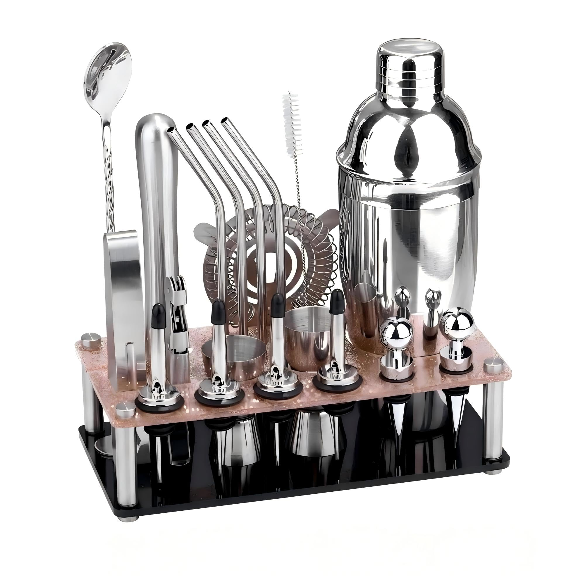 KINGROW Kit per preparare cocktail, 20 pezzi con supporto, argento 708,7 g