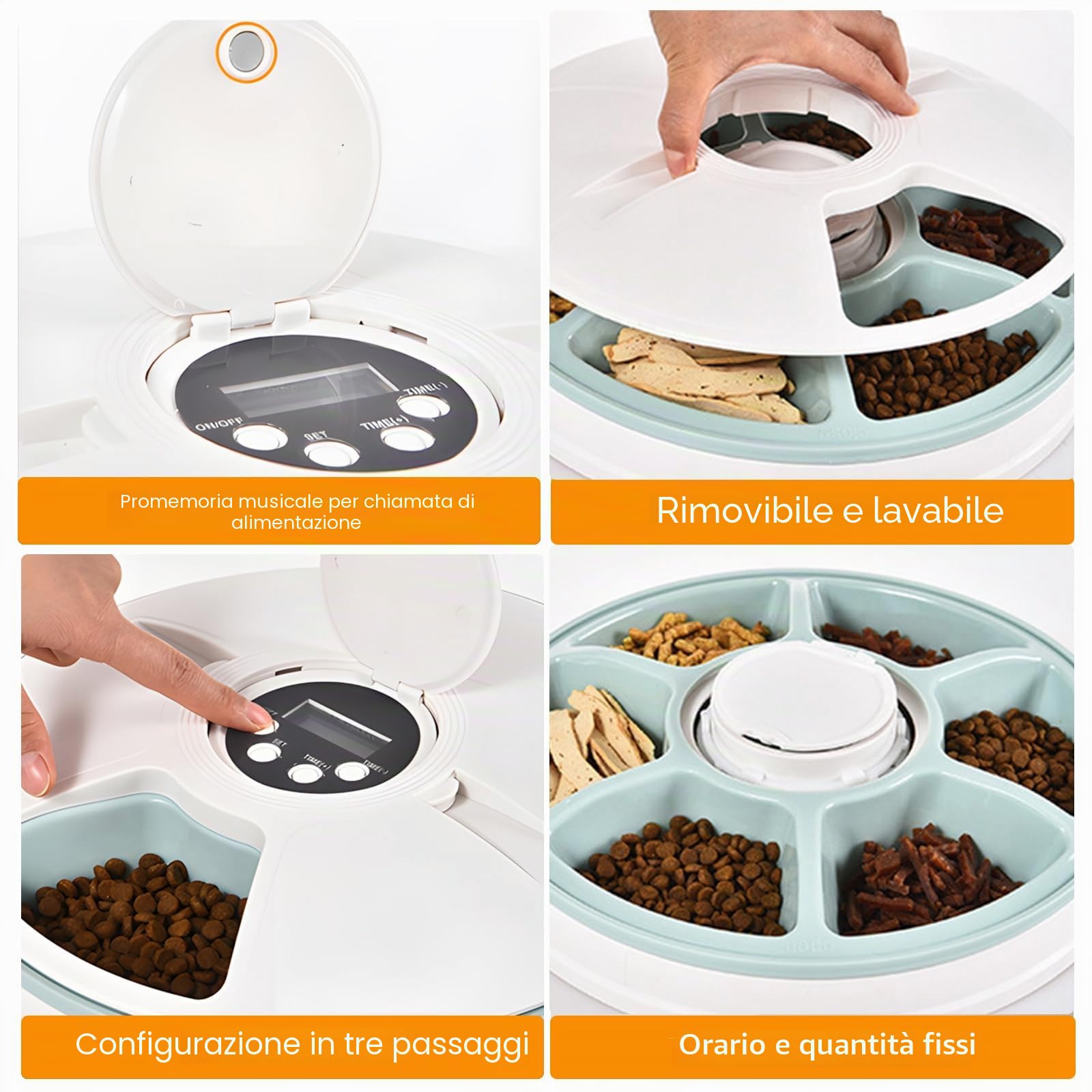 Mangiatoia automatica per gatti, per gatti con timer, per 6 pasti, alimentatore a batteria, per cibo umido e umido