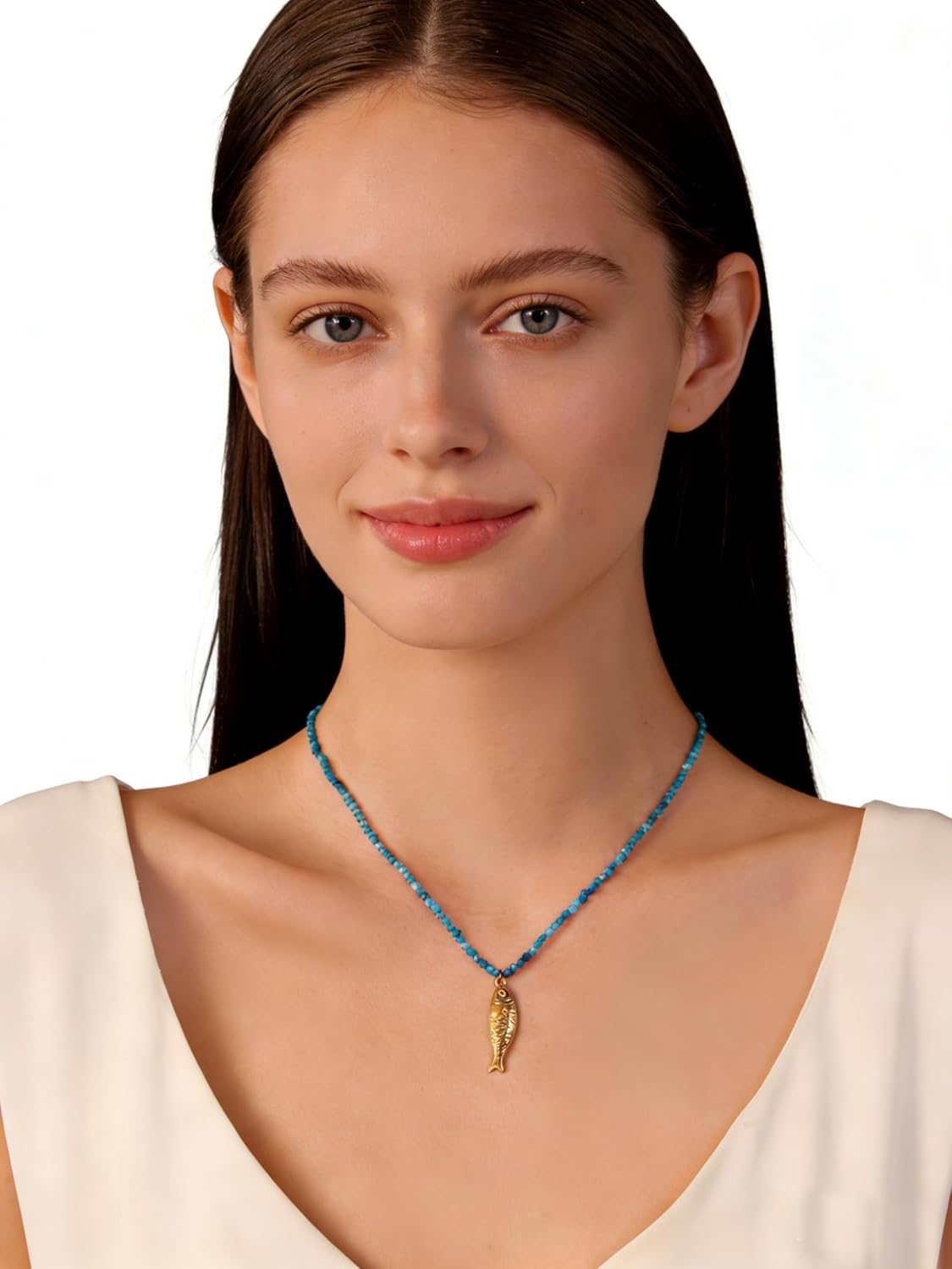 Boho Fish Necklace for Women, Natural Stone Beaded Necklace with Ocean Fish Pendent Charm, Bohemian Beach Jewelry - Image 6