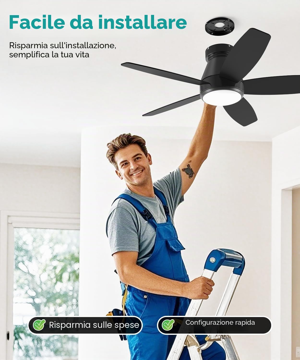 106CM Ventilatore da Soffitto con Luce e Telecomando Silenzioso, 106cm Dimmerabile Lampada Ventilatore da Soffitto con 5 Pale Doppie, Effetto Legno/Nero per Camera da Letto, Soggiorno