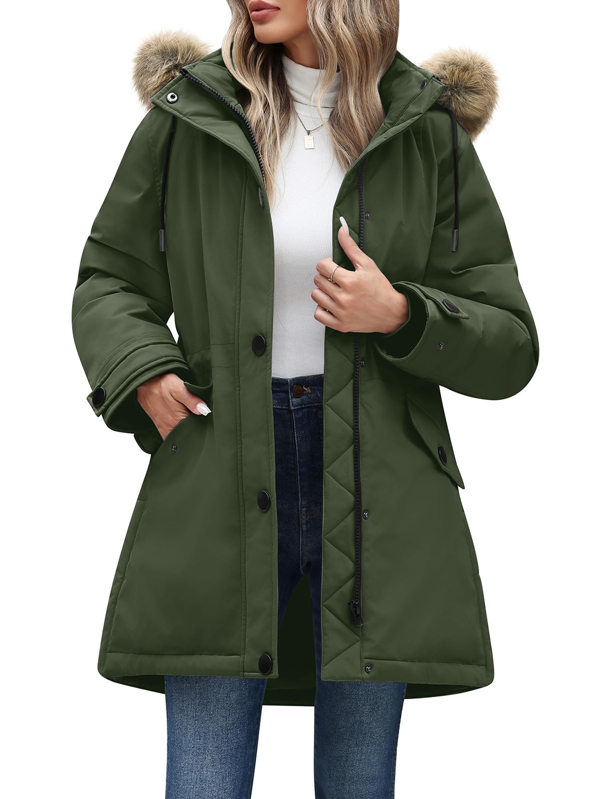 CMTOP Blouson Femme Hiver Mi-long Parka Imperméable à Capuche Amovible Manteau Chaude Elegant Veste Zippé Manche Longue Puffer Coupe-vent Outercoat à Cordon