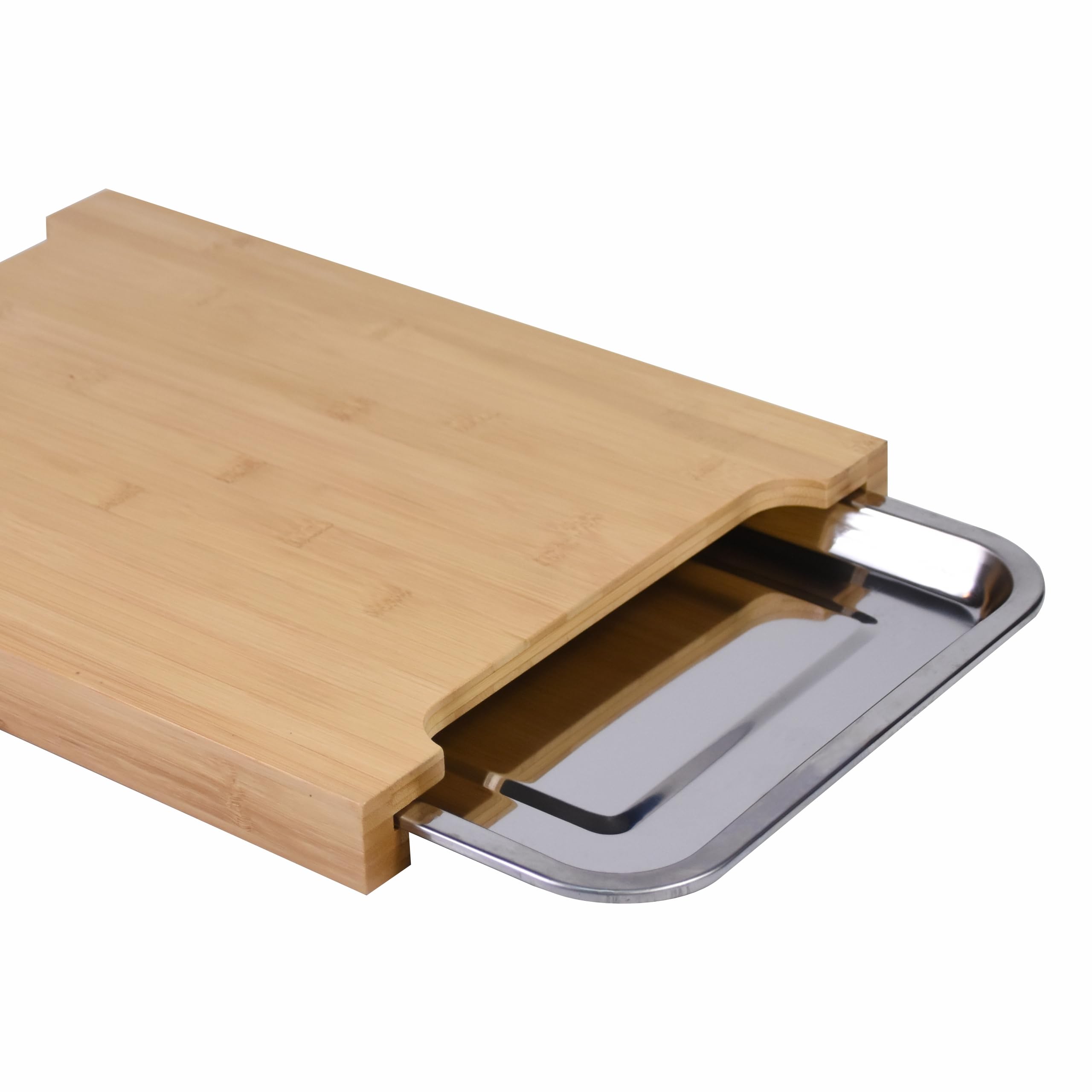 Bambus Schneidebrett 2er-Set mit Aluminium Auffangschale, flach und tief