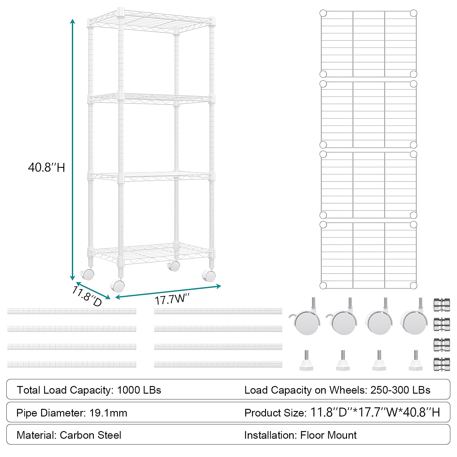 M MZG Estantería Metálica con Ruedas Bloqueables de 4 Niveles, Capacidad de Carga de 454 kg, Baldas Ajustables, para Garaje, Trastero, Lavandería y Cocina,Estudio, Blanco, 30 x 45 x 103,6 cm