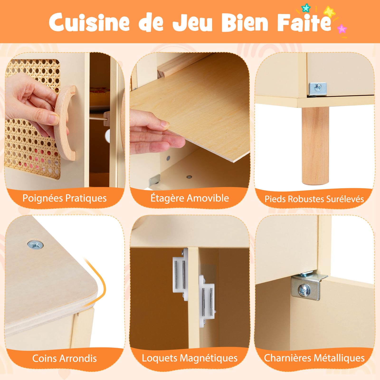 COSTWAY Cuisine Enfant en Bois avec Distributeur de Glace, 11 Accessoires, Jeu de Cuisine avec Cuisinière et Évier, Étagères et Armoire et Porte-Serviettes, Jeu d'Imitation pour 3 Ans+ (Jaune)