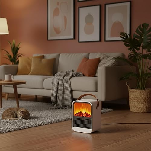 Miniatura 2 de Ventilador de calentador de espacio pequeño con simulación de incendio, calentador eléctrico para uso en interiores de 1000 W, ventilador calentador
