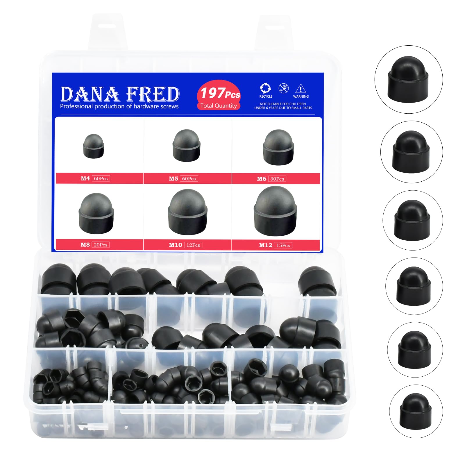 197-Piece Black Bolt Nut Protective Cap Kit - M4 to M12 Sizes, Nylon Insert Locknut, Protects Exposed Screws & Bolts