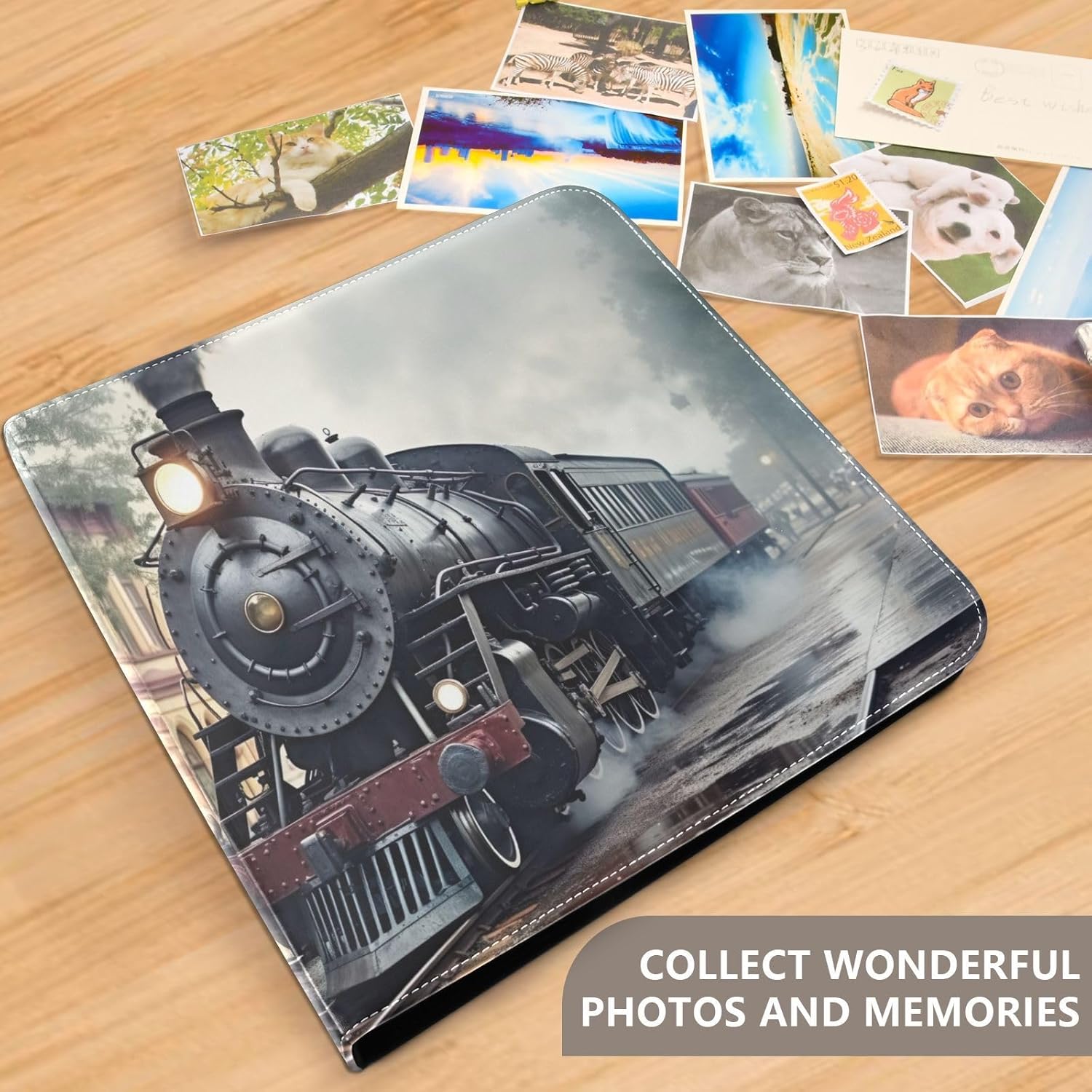 Vintage Train PU Leather Photo Album for Family Self DIY Scrapbook Album with 8x10 Inches 40 Pages 3 Ring Scrapbooking for Travel Couple Wedding Anniversary