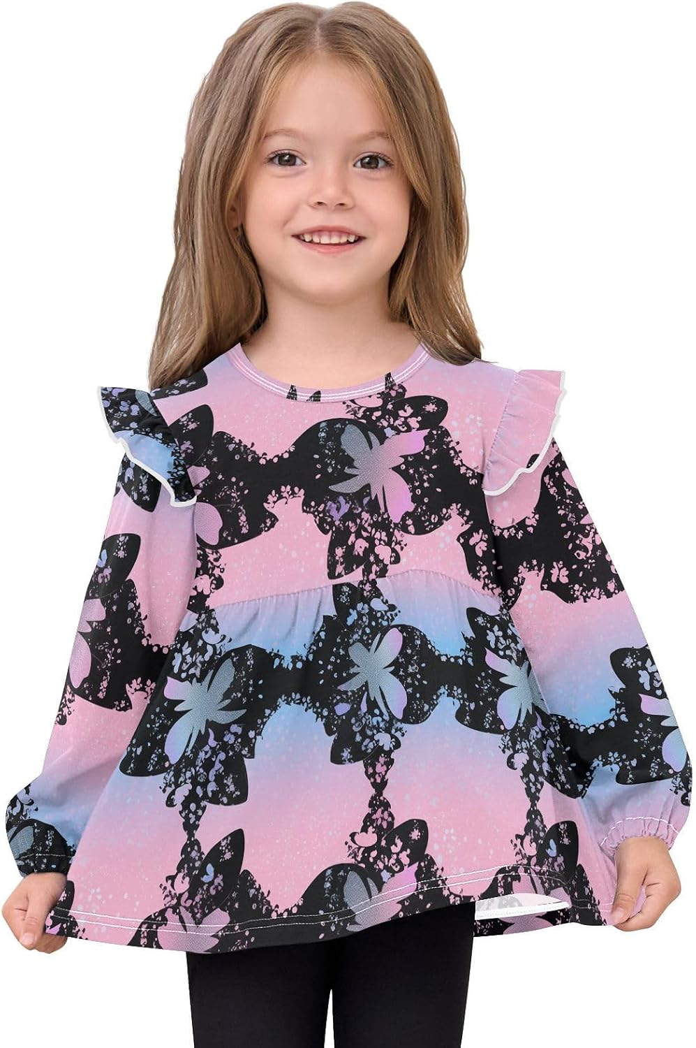 visesunny Toddler Clothes for Girls Fantasy Silhouette Pattern Long Sleeve Fall Shirts Cotton Top with Ruffle Collar