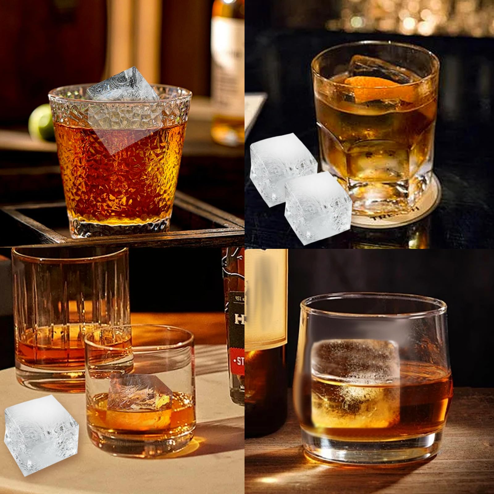 Große Eiswürfelformen für Whiskey: BECOKIT große Silikon-Eiswürfelformen – 6,3 cm quadratische Eiswürfelform für Bourbon-Whisky und Cocktail, 4 Stück, riesige Silikon-Eiswürfelform (schwarz, 4