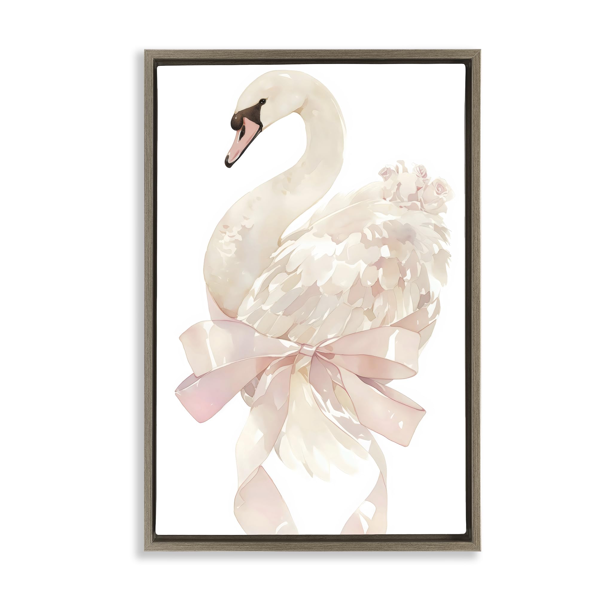 Stupell Industries 'Coquette Swan with Bow', Floating Frame Canvas Art, Brown, 17 x 25 Inches, Easy to Hang and Sturdy, Made in USA, by Creative Studio