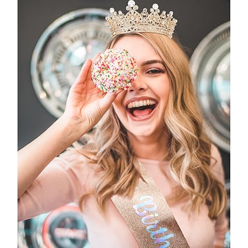 Miniatura 4 de Aprince Corona y banda de cumpleaños para mujer, corona de cumpleaños de oro rosa, banda y tiara para mujer, corona de pastel para mujer, accesorios