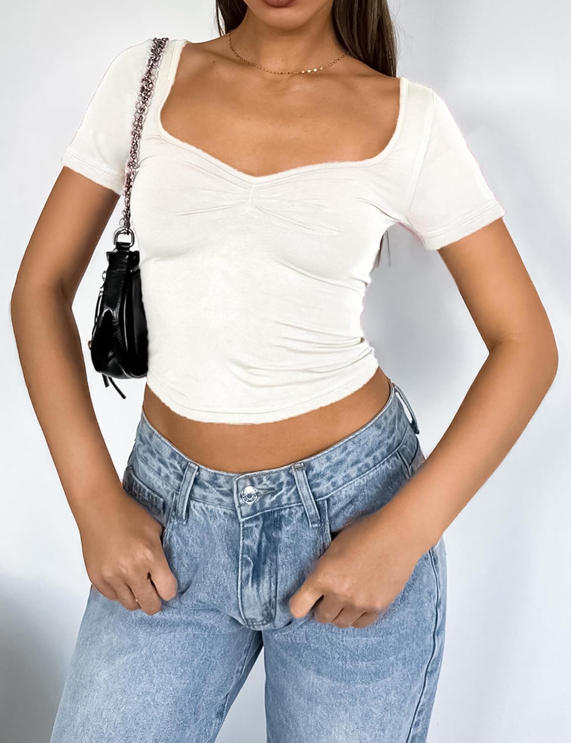 Women's Short Sleeve Going Out Crop Top Sexy Pleated Cute Shirt Sweetheart Neck Y2K Ruched Cropped Tops - Image 3