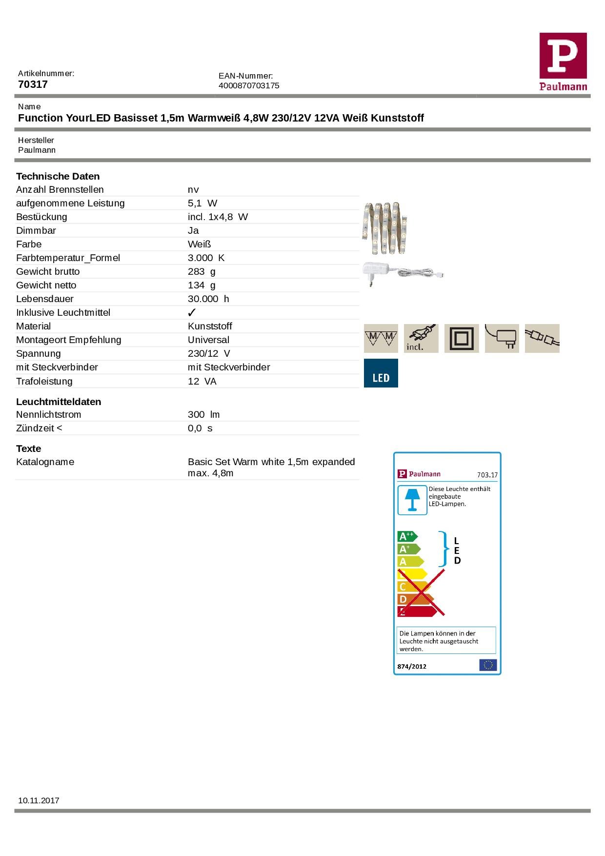12V LED Streifen 8 M Kaltweiß – 60 LED/m, IP65, Inkl. Netzteil, Selbstklebend, Kürzbar