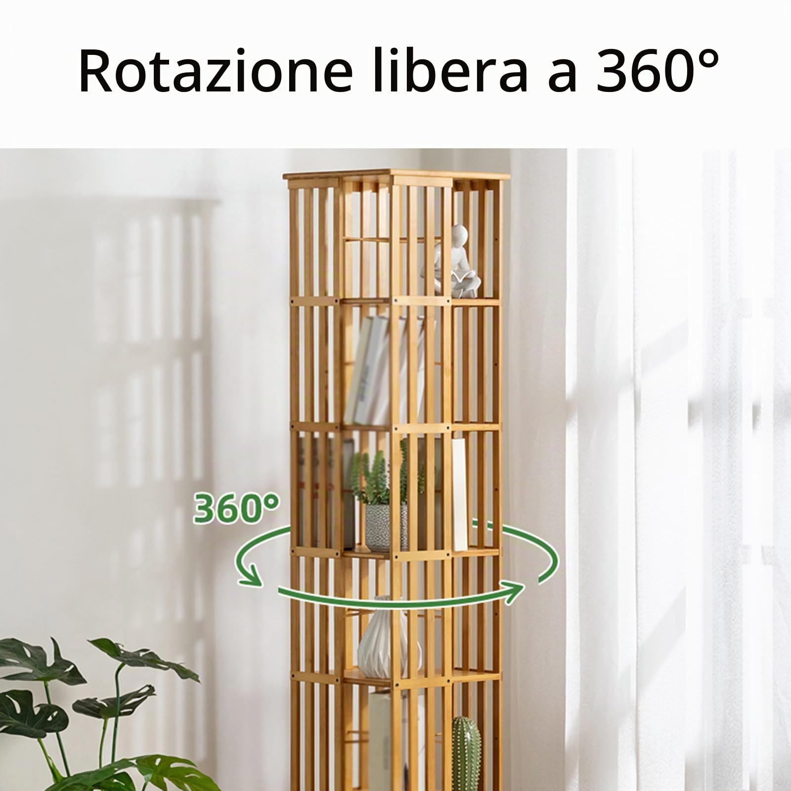 Libreria Rotante 360, a 5 Livelli, Libreria Girevole in Bambù, per Soggiorno, Sala Studio, Ufficio
