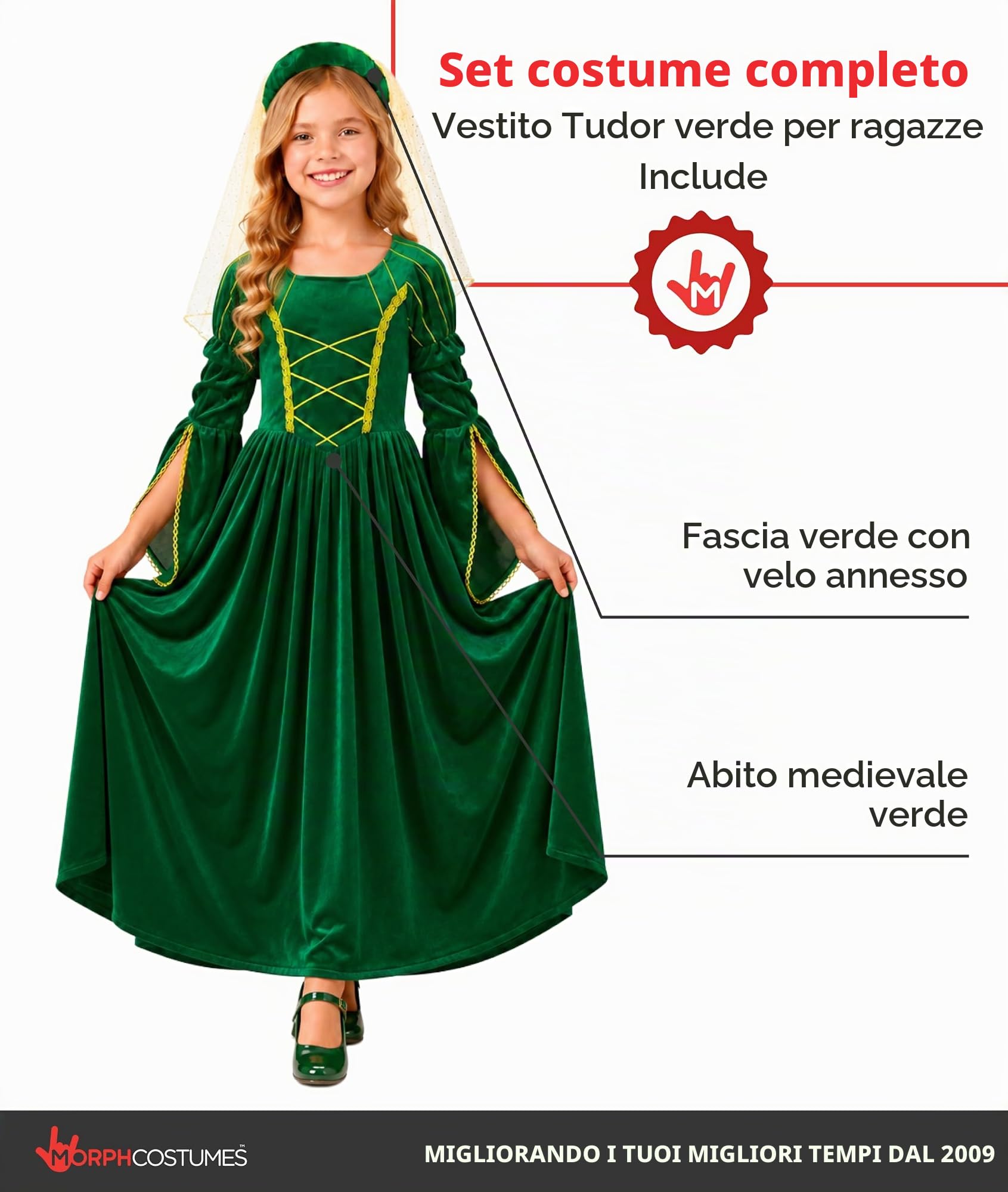 Fun Shack Costume Principessa Bambina, Costume Halloween Bambina | Abito Verde Elegante & Cerchietto con Velo, Stile Medievale Tudor, Perfetto per Halloween, Ideale per il Gioco di Ruolo