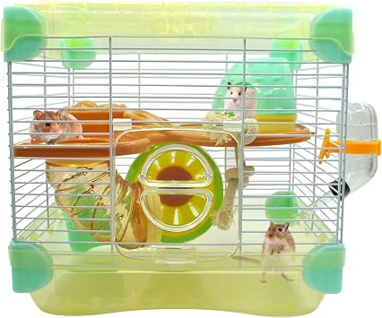 2 Layers Hamster Cage with Tubes Mouse Cage with Accessories Water Bottle Food Dish Transparent Hamster Habitat with Exercise Wheel for Hamster Guinea Pig Gerbil 10.9" x 8.1" x 9.8" Yellow
