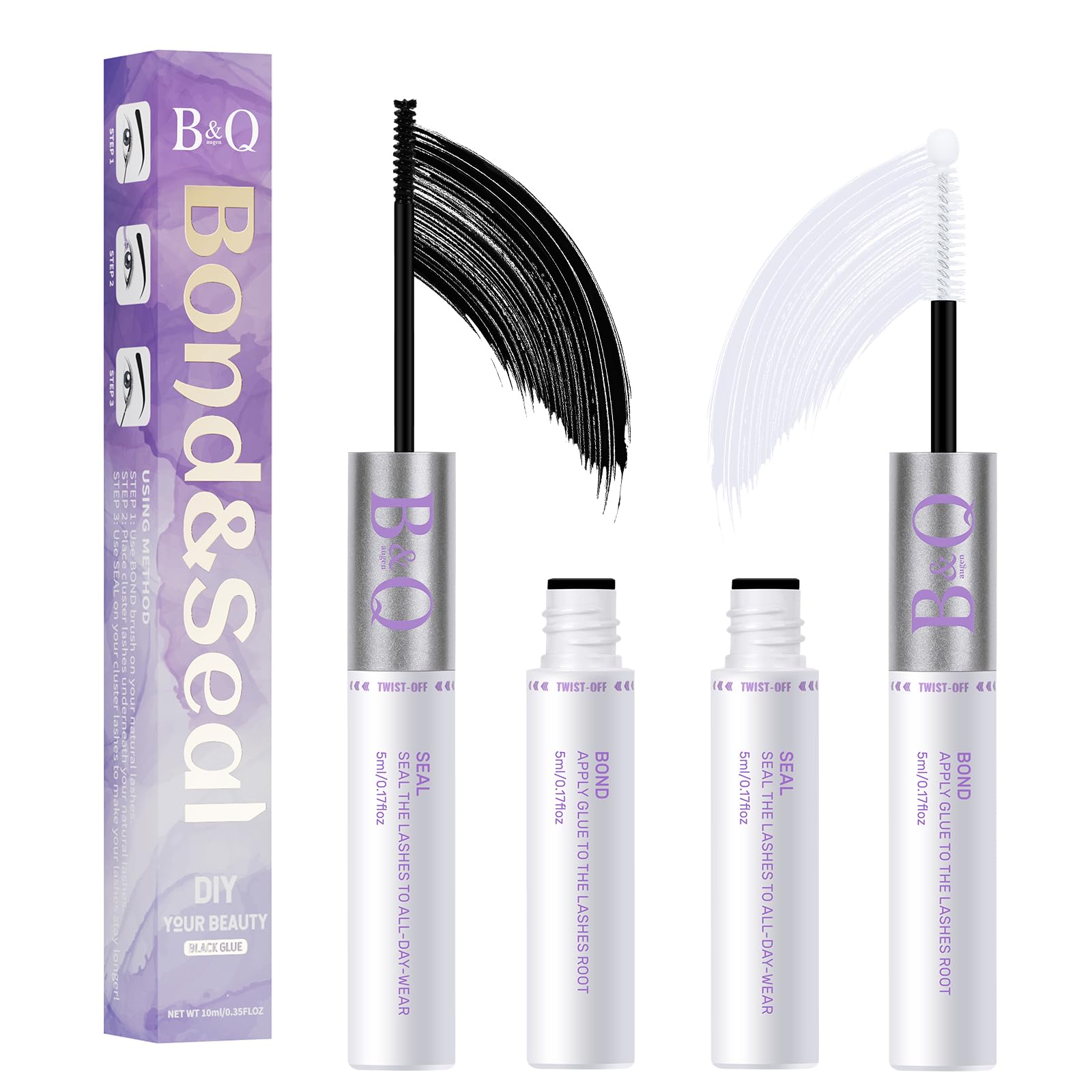 B&Q Lash Bond and Seal: Waterproof Latex-Free Lash Glue & Adhesive with Precision Brush, Clear Quick Dry Formula for Sensitive Eyes, Strong Long Lasting Hold for DIY Fluffy Cluster Lashes Extensions