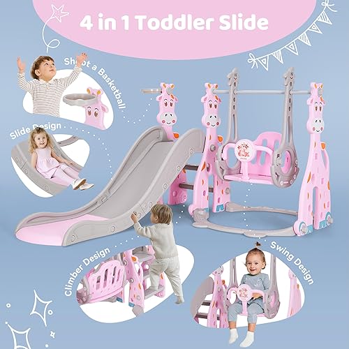 Miniatura 2 de Juego de tobogán y columpio 4 en 1 para niños de 18 a 36 meses, para interiores y exteriores, con aro de baloncesto, pelota, escalador y columpio,