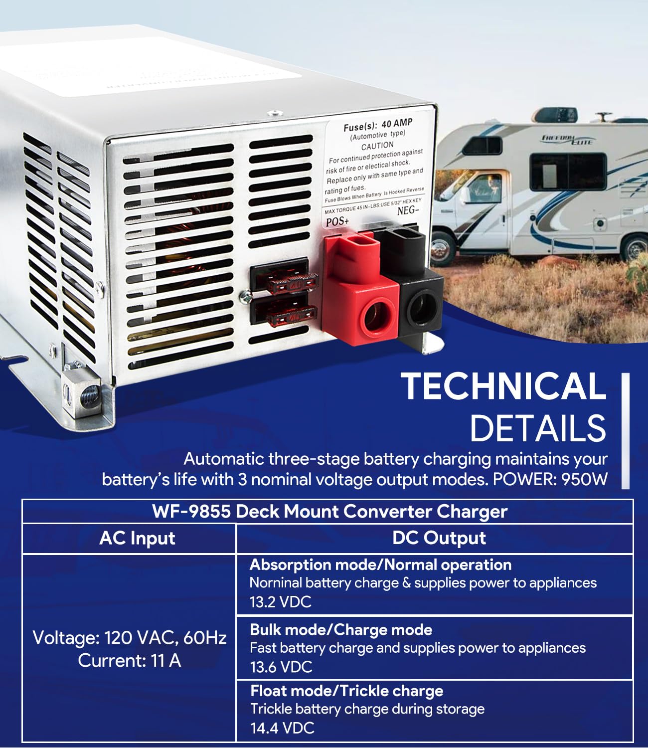 WF-9855 - Convertidor de energía para RV de montaje en cubierta de 55 amperios para 9800 Series, WF-9855, WF-9855-MBA, WF-9855-AD-MBA, WF-9855AN, 55Amp