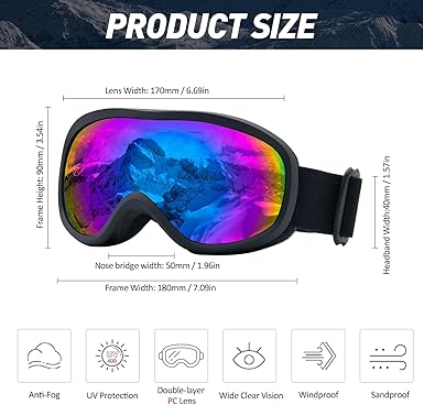 Masque Compatible Lunettes Vue Snowledge Lunettes De Ski OTG - Anti-UV400, Anti-Buée - Compatible Casque - Pour Homme Et Femme Masque Snowboard OTG