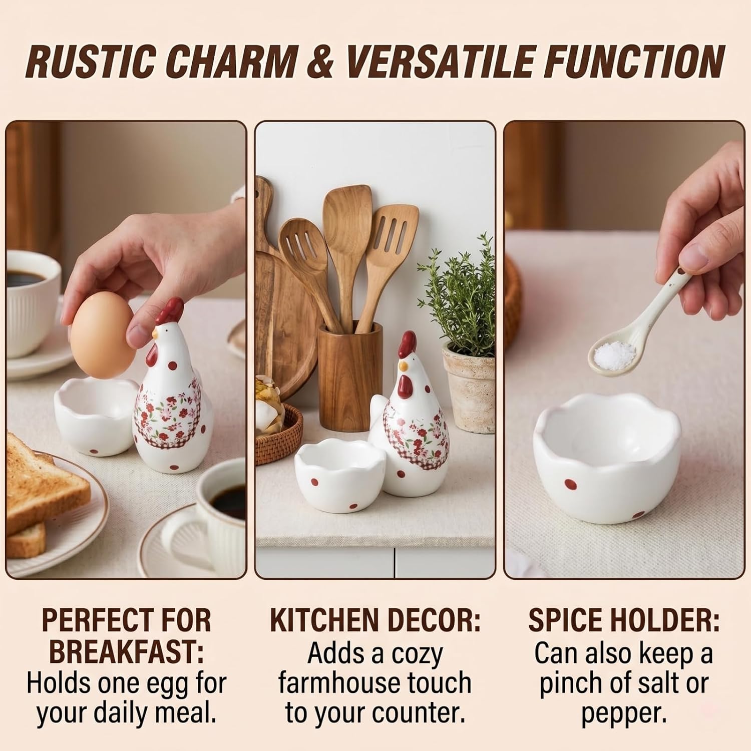 3.9 Inch Ceramic Egg Holder - Rooster Egg Cup For Soft Boiled Eggs, Decorative Hen Stand For Hard Boiled Eggs, Farmhouse Kitchen Decor, Single Egg Display Coddler