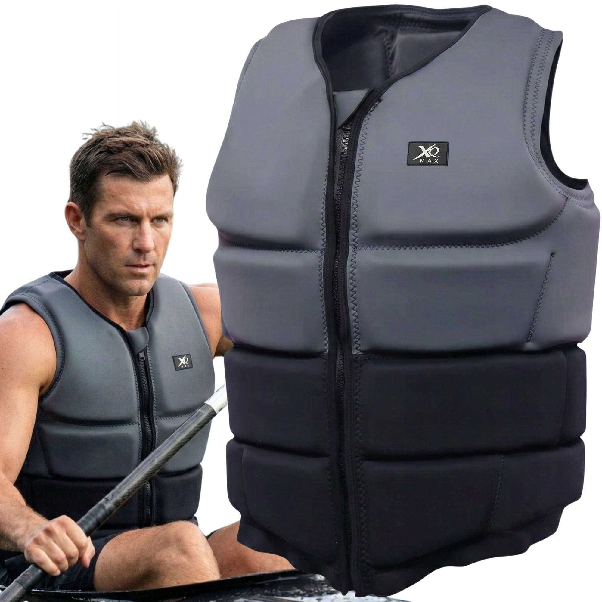 XQMax Neopren Schwimmweste 50N, Auftriebshilfe, ISO 12402-5, Größe L, Unisex, für SUP, Kajak, Boot, Kitesurfen, Schwarz/Grau