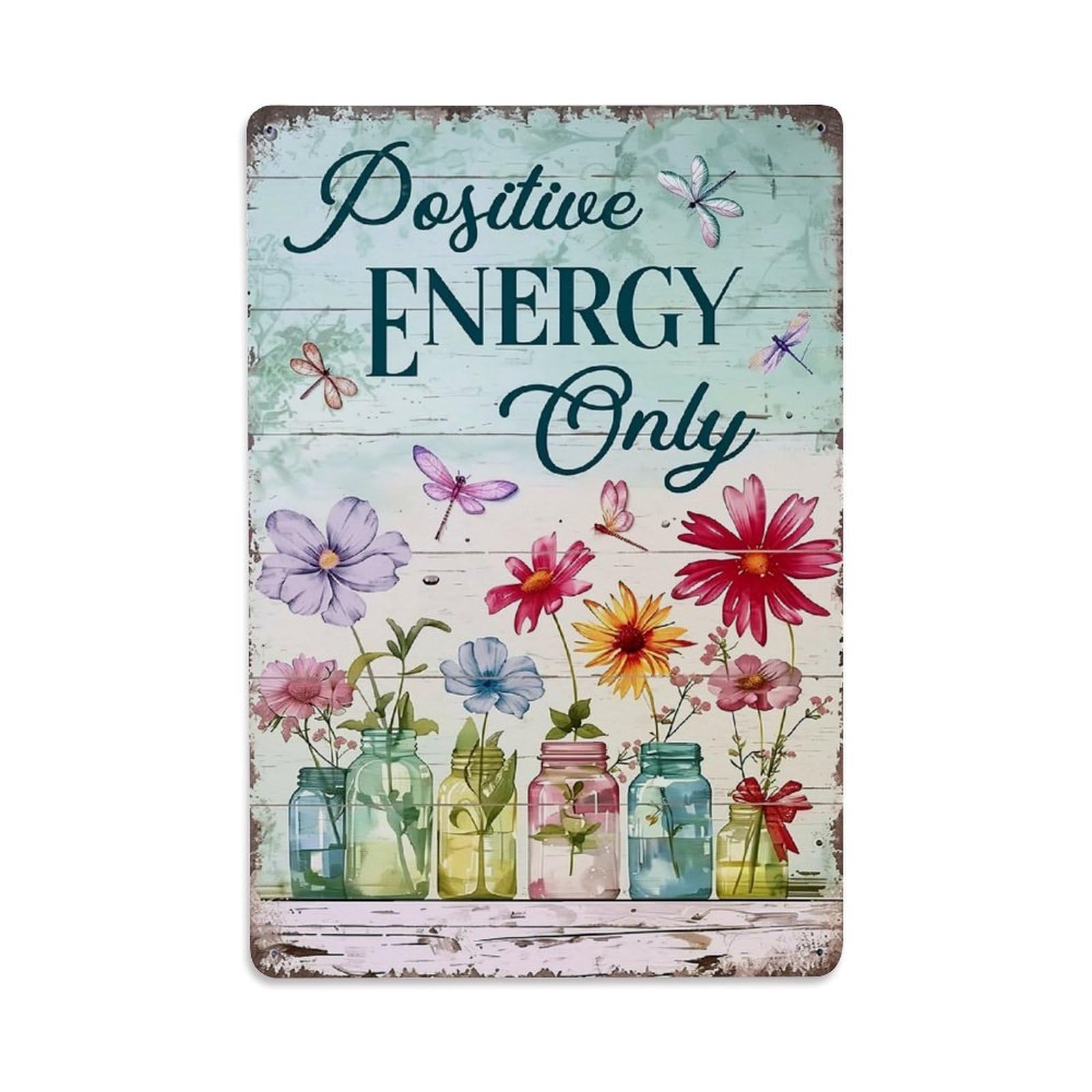 Jdfenggu Vintage Positive Energy Only Flowers Jars Retro Metal Tin Sign, Metal Poster For Bar, Home, Man Cave, Kitchen, Laundry Room Art Decor 8X12 Inch