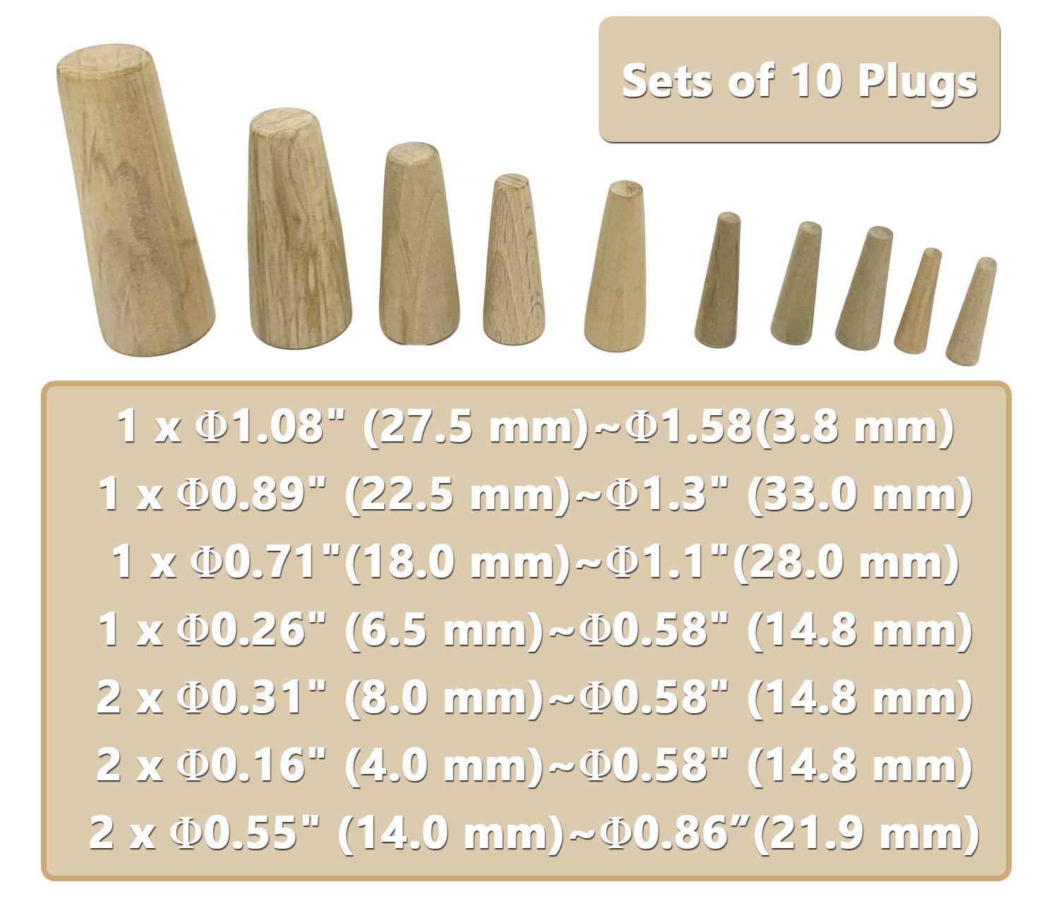 Tappi Conici in Legno per Barca, Set 10 Pezzi, Tappi di Emergenza per Perdite Scafo, Tappi Conici Assortiti per Tubi e Valvole, Legno Morbido ad Espansione Rapida (1/5''–1 3/5'')