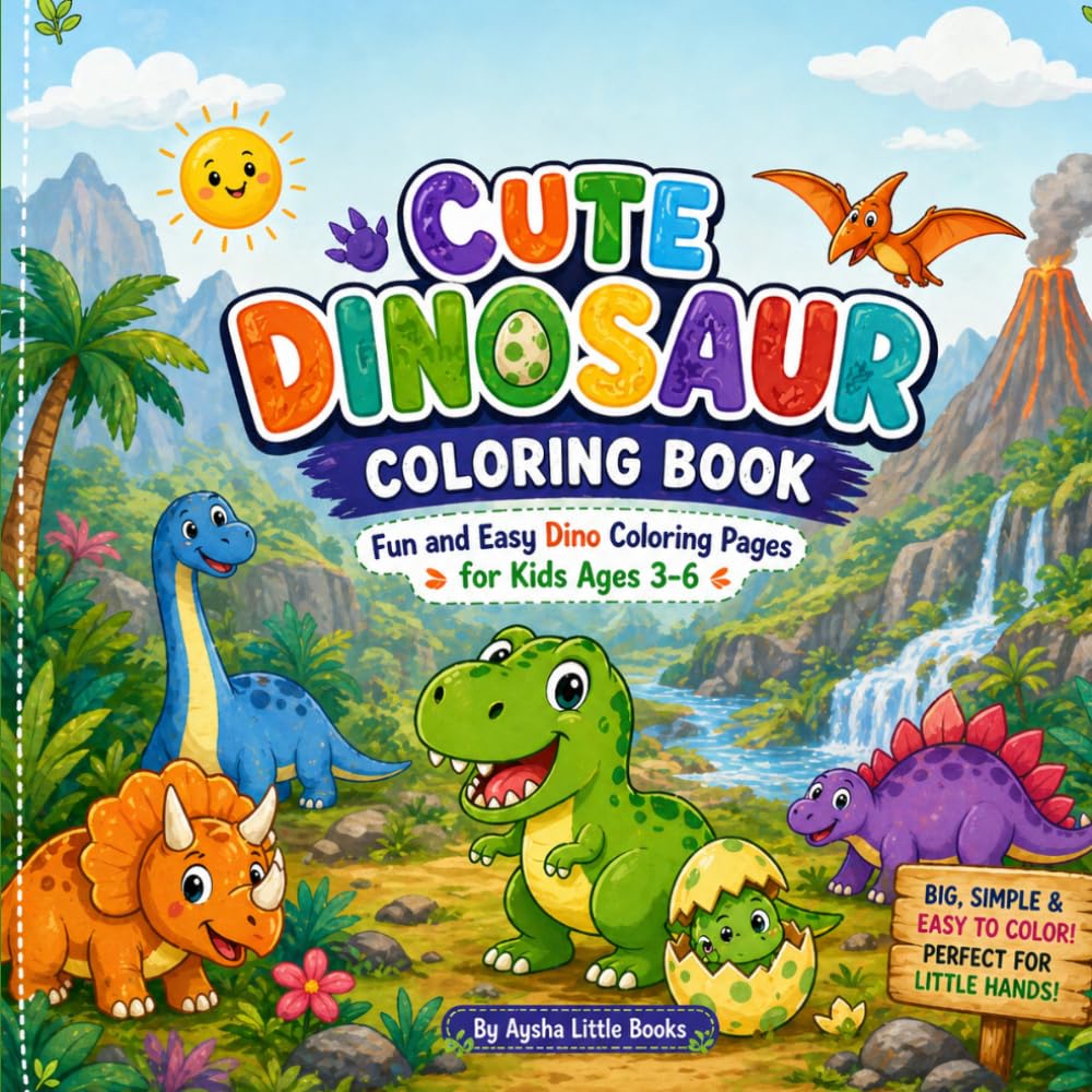 Cute Dinosaur Coloring Book: Fun and Easy Dino Coloring Pages for Kids Ages 3–6 | Big Simple Designs for Toddlers, Preschoolers, and Kindergarteners