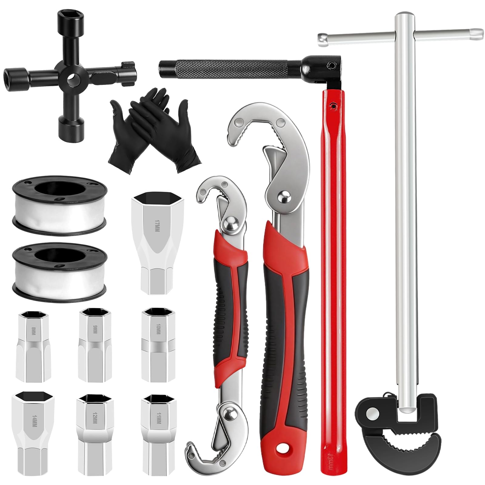QUOTRE 15pcs Plumbing Spanner Set, 8-17mm Tap Spanner (for Tight Space), Sink Wrench & Basin Wrench, Monoblock Tap Spanner Set with Adjustable Wrench for Bathroom Kitchen Faucet, Basin & Car Repairs