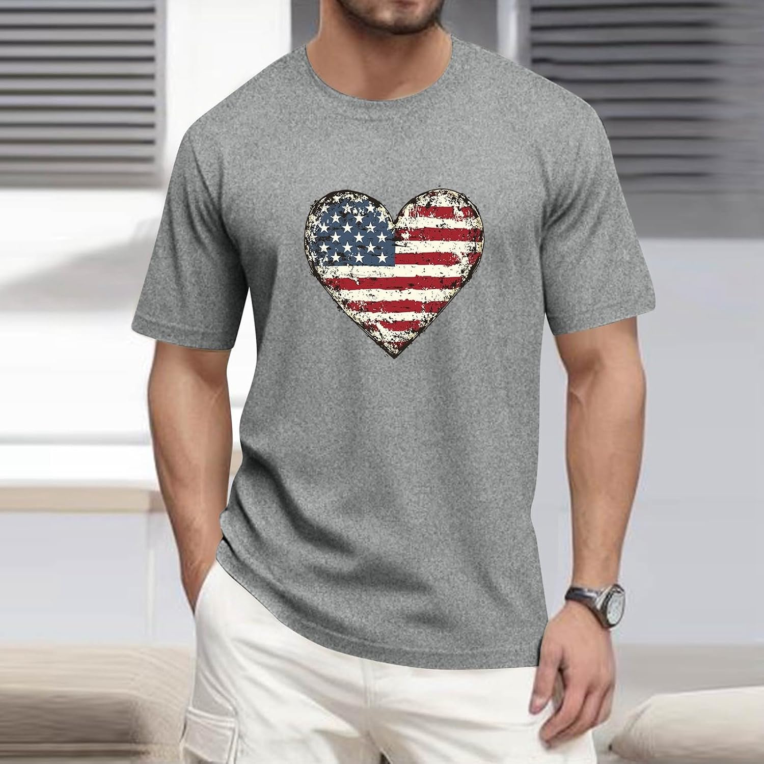 Mens Shirts 4th of July Patriotic Blouse USA Flag Short Sleeve Shirts Independence Day Crewneck Tunic Summer Tops