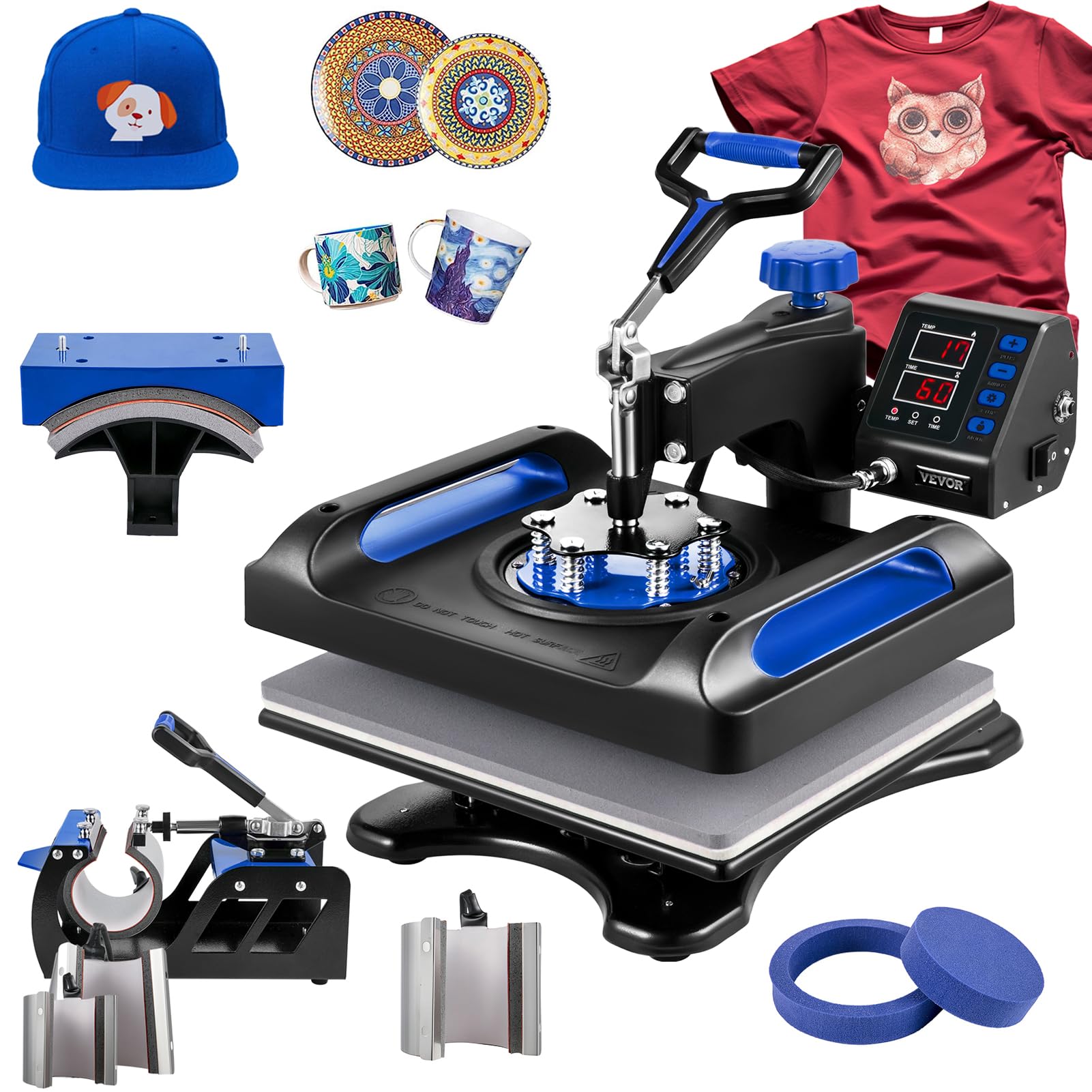 VEVOR 8 in 1 Heat Press Machine with Dual-Tube Heating, Digital Control, 15x12 Inch Sublimation Heat Press Machine for T-Shirts/Hats/Mugs/Plates, 360° Swing Away Clamshell Tshirt Press Machine, Blue
