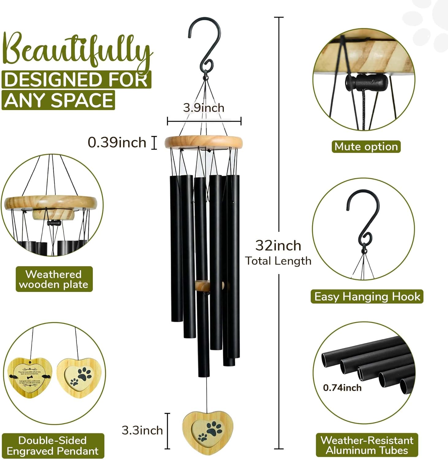 32" Pet Memorial Wind Chime for Dogs, Wind Chime for Loss of Dog, Sympathy Wind Chimes, Dog Remembrance Gift, Pet Loss Keepsake, in Memory Tribute